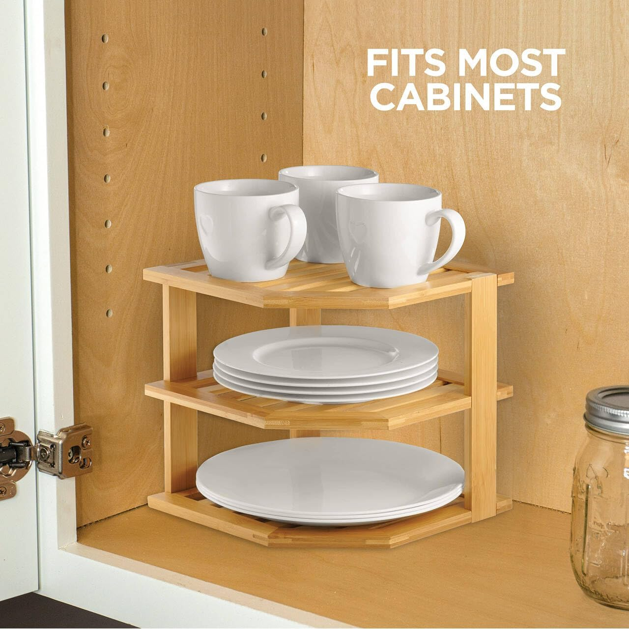 Bamboo Corner Shelf - Stackable Kitchen Bench Top Organiser, Cabinet & Pantry Shelf for Plates, Spices, Dishes - Home Storage & Organisation, Spice Rack Organiser, Space-Saving Cupboard Organiser image number 1