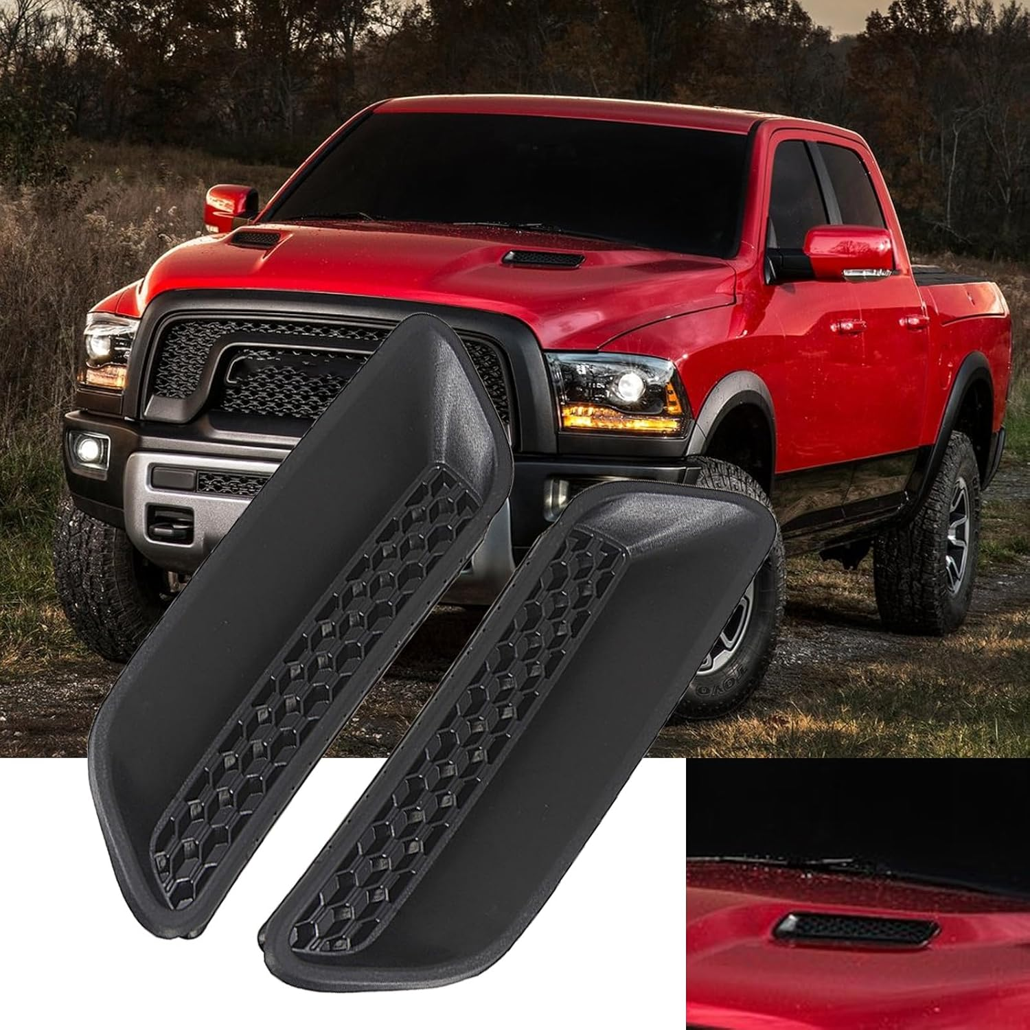 UOIENRT 2Pcs Engine Hood Air Vent Outlet Cover Trim, Left and Right Hood Vent Covers Replacement for Dodge Ram 1500 2500 3500 2010-2019, Replaces 68324991AA 68324990AA (Black) image number 3