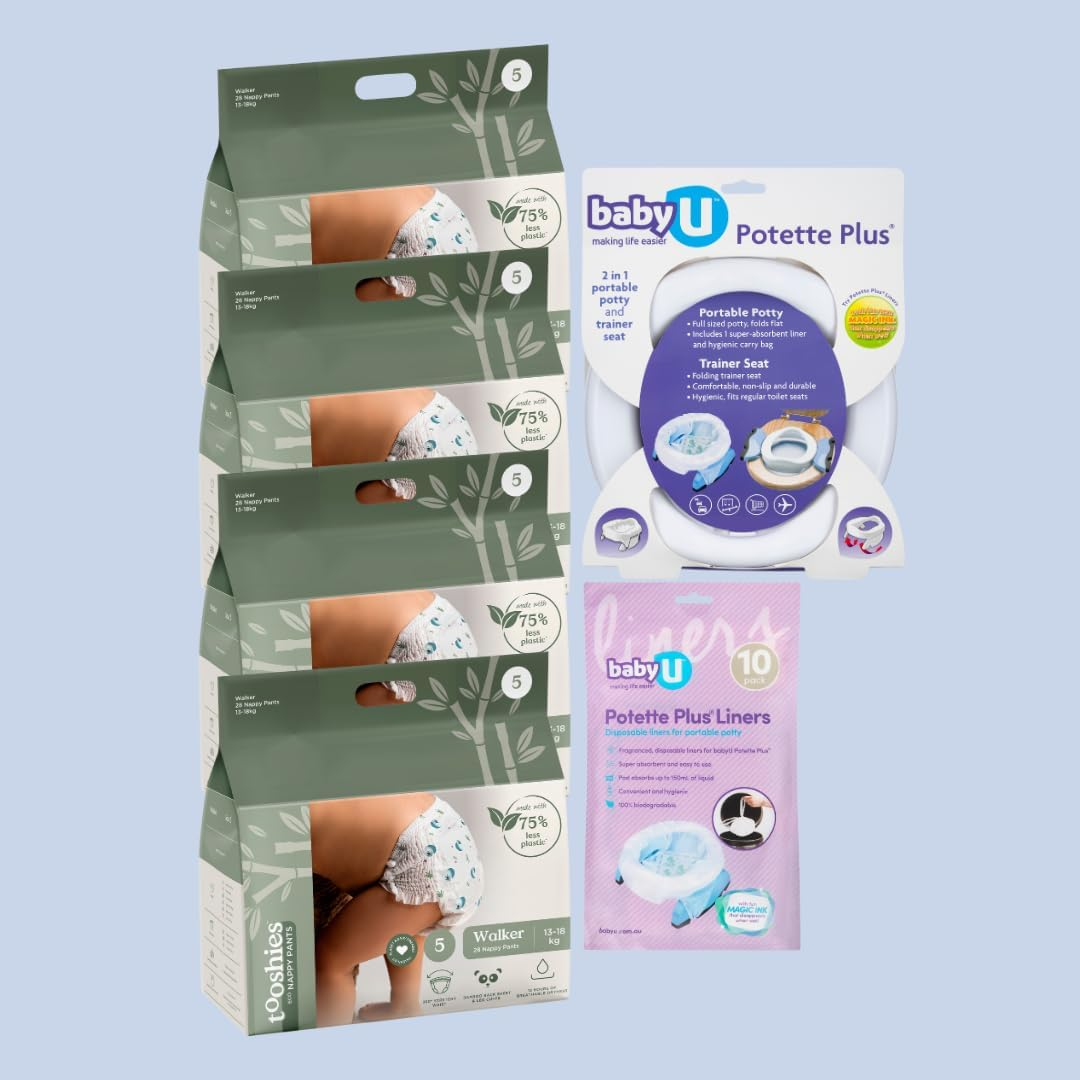 Tooshies Eco Nappy Pants, Size 5 Walker, 112 Count + Babyu Potette plus 2-In-1 Portable Potty + Babyu Potette plus Liner, 10 Count, White image number 2