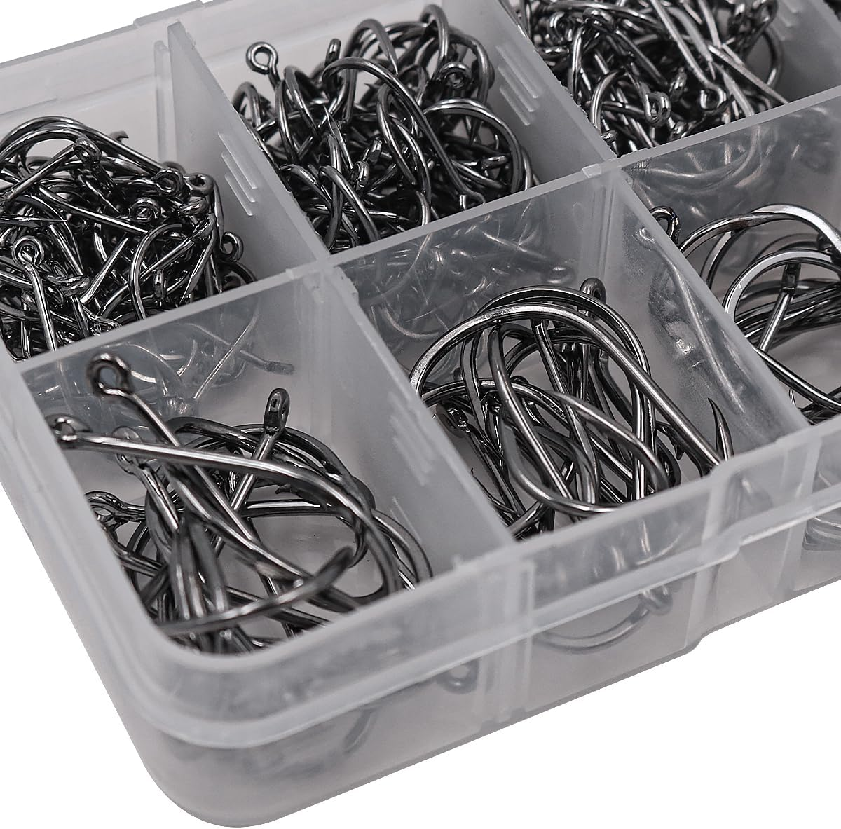 300PCS NUZAMAS Fishing Hook 9#-16# Barbed Hooks Pike Fishing Tackle Carp Circle Hooks with Storage Plastic Box Carbon Steel Eyed Sea Fish Hooks for Freshwater Saltwater image number 6