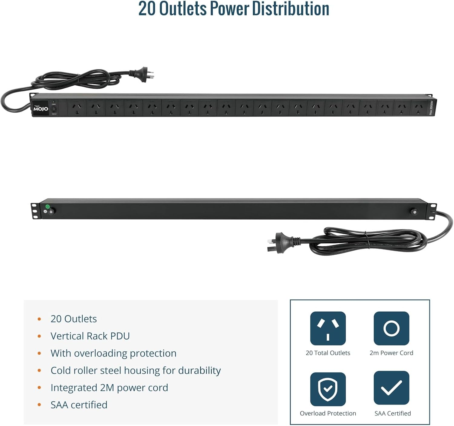 Tecmojo Vertical PDU Power Strip, 20 Outlets Rack Mount Power Distribution Unit for Server Cabinet, 10A Power Plug with 2M Power Cord, Overload Protection, 250V 50/60HZ image number 5