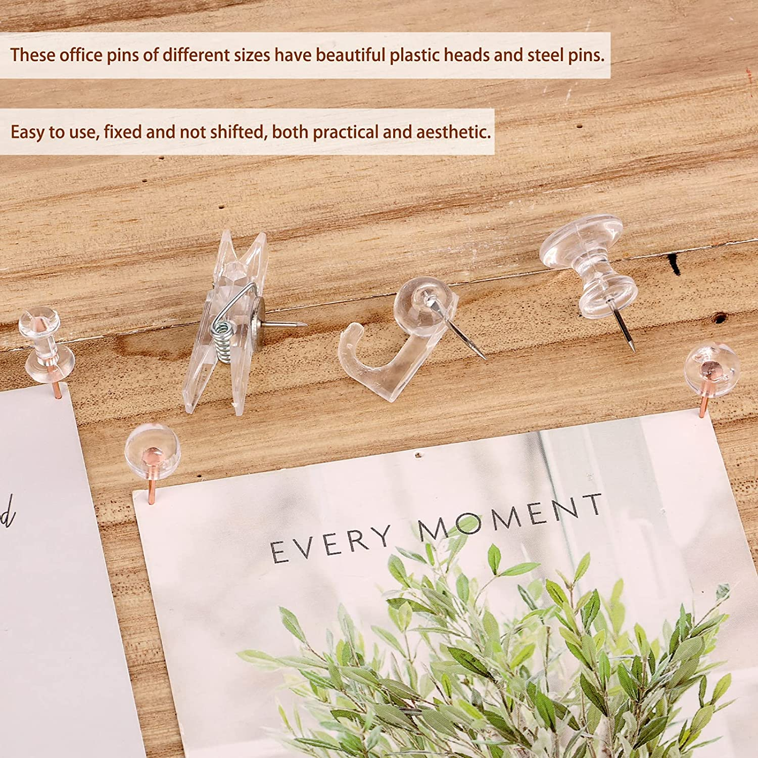 AIEX 125Pcs Push Pin Set - Clear Plastic Hook, Clip, Decorative Thumb Tacks with Stainless Steel Point for Cork Board, Bulletin Board, Office Wall (5 Styles) image number 6