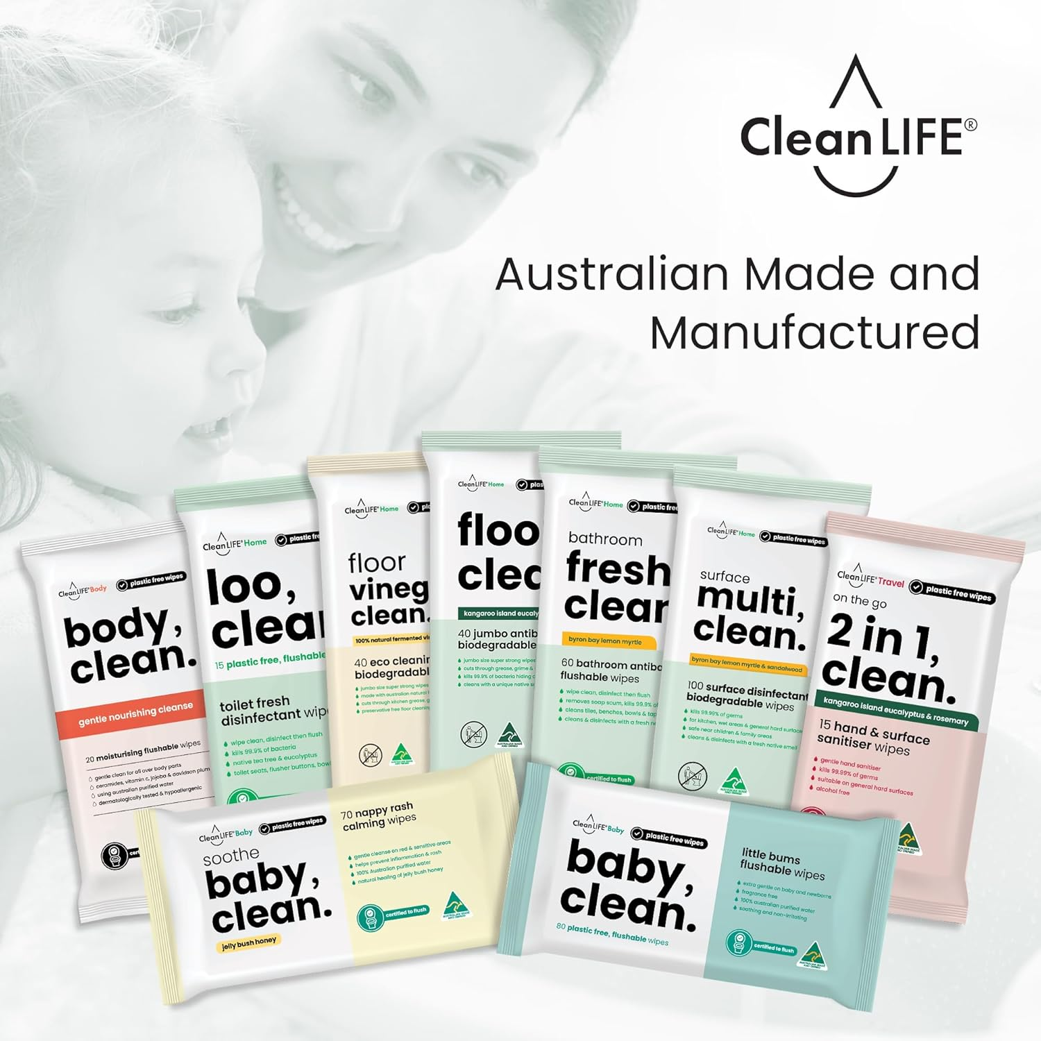 Cleanlife Surface Multi Clean Wipes &ndash; Lemon Myrtle & Sandalwood Scent, Biodegradable, Antibacterial, Plastic-Free, 100 Wipes, 3-Packs image number 5