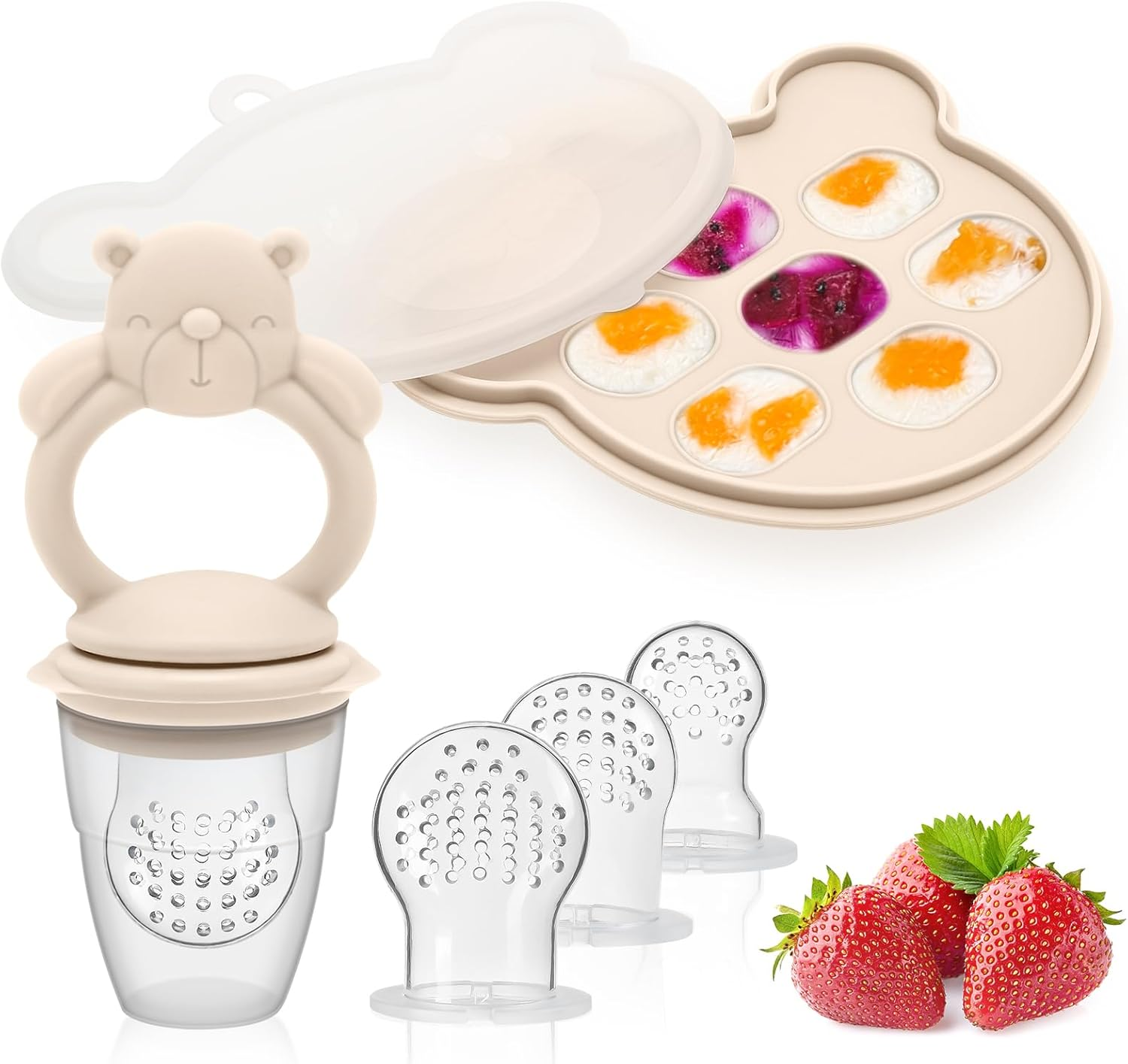 Baby Silicone Fruit Food Feeder Pacifier & Breastmilk Popsicle Freezer Molds, BPA Free Baby Food Storage Containers Frozen Ice Tray for Baby Feeding Safely, Infant Fruit Teething Toy