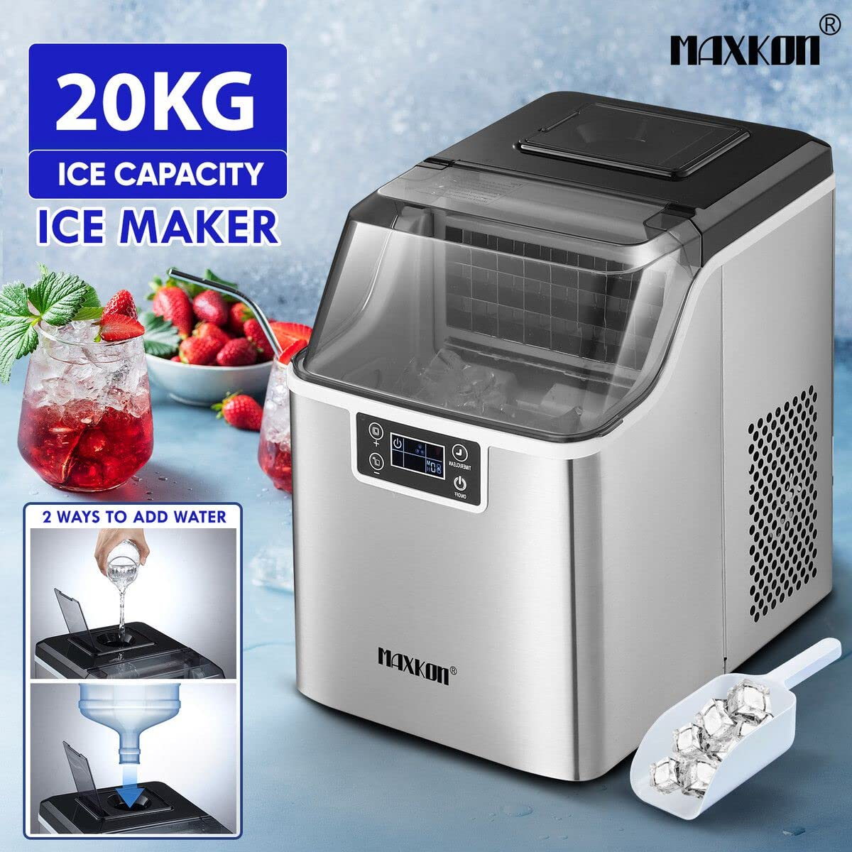 Maxkon 20Kg/24Hrs Countertop Ice Maker Machine Clear Cube Making,3.2L Water Tank Ice Making Machine, 2 Water Filling Ways, Stainless Steel Ice Machine for Home Office Bar Party Home Commercial - 13Kg image number 4
