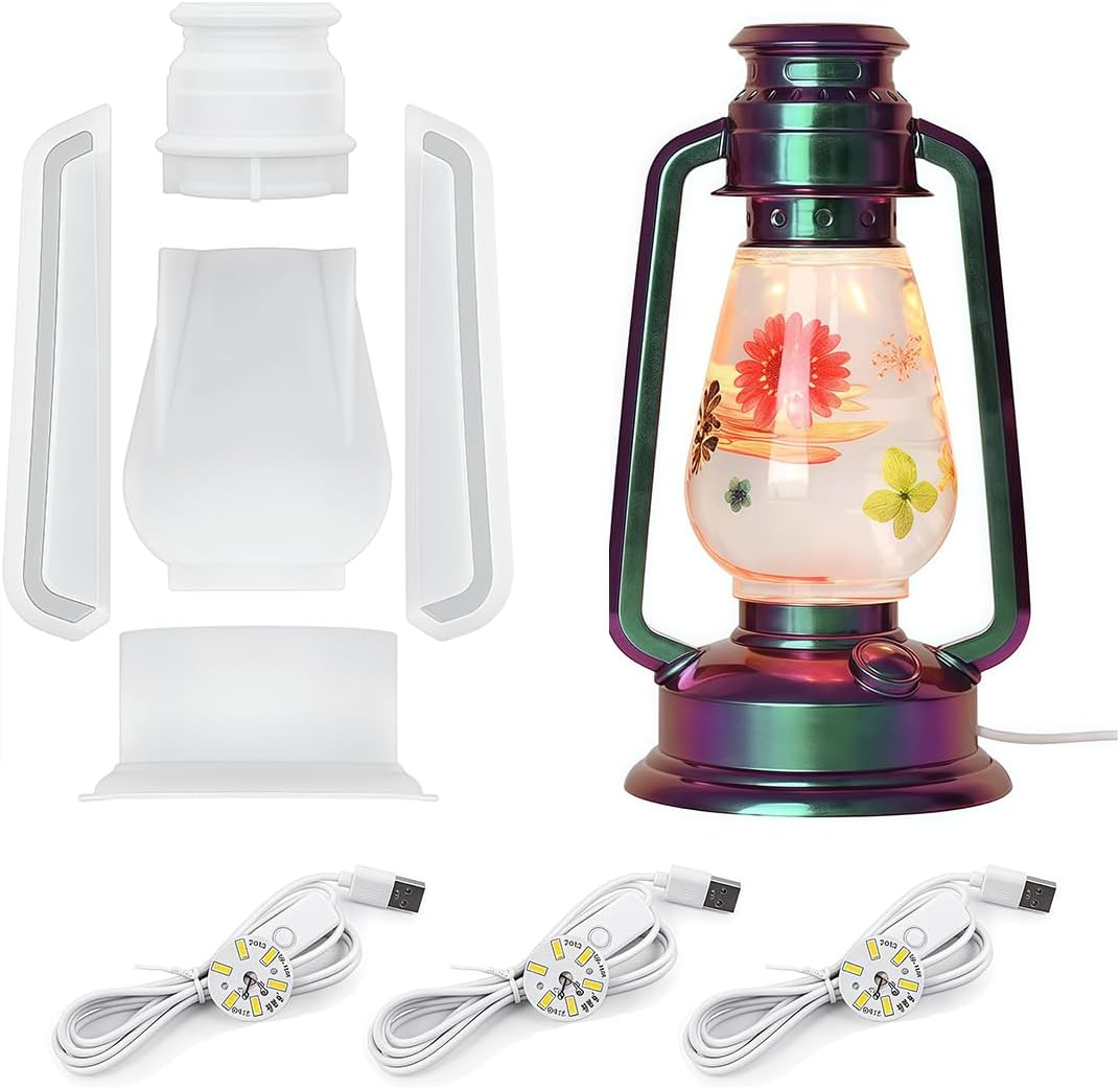 Oil Lamp Resin Moulds Set Hurricane Lamp Silicone Moulds for Resin Epoxy Lantern Light Molds with 3Pcs LED Lights Oil Lamps for DIY Luminous Art Crafts Table Ornaments Home Decor image number 1