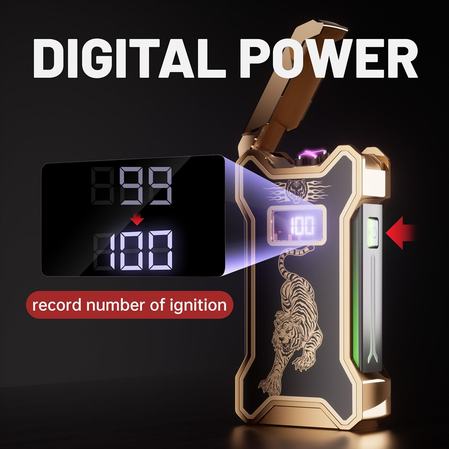 Cool Gifts Electric Lighter for Men Dad Him Digital Counter Bettary Display Windproof Flameless Plasma USB Rechargeable Arc Birthday Gifts for Men, Boyfriend, Husband (Tiger) image number 3