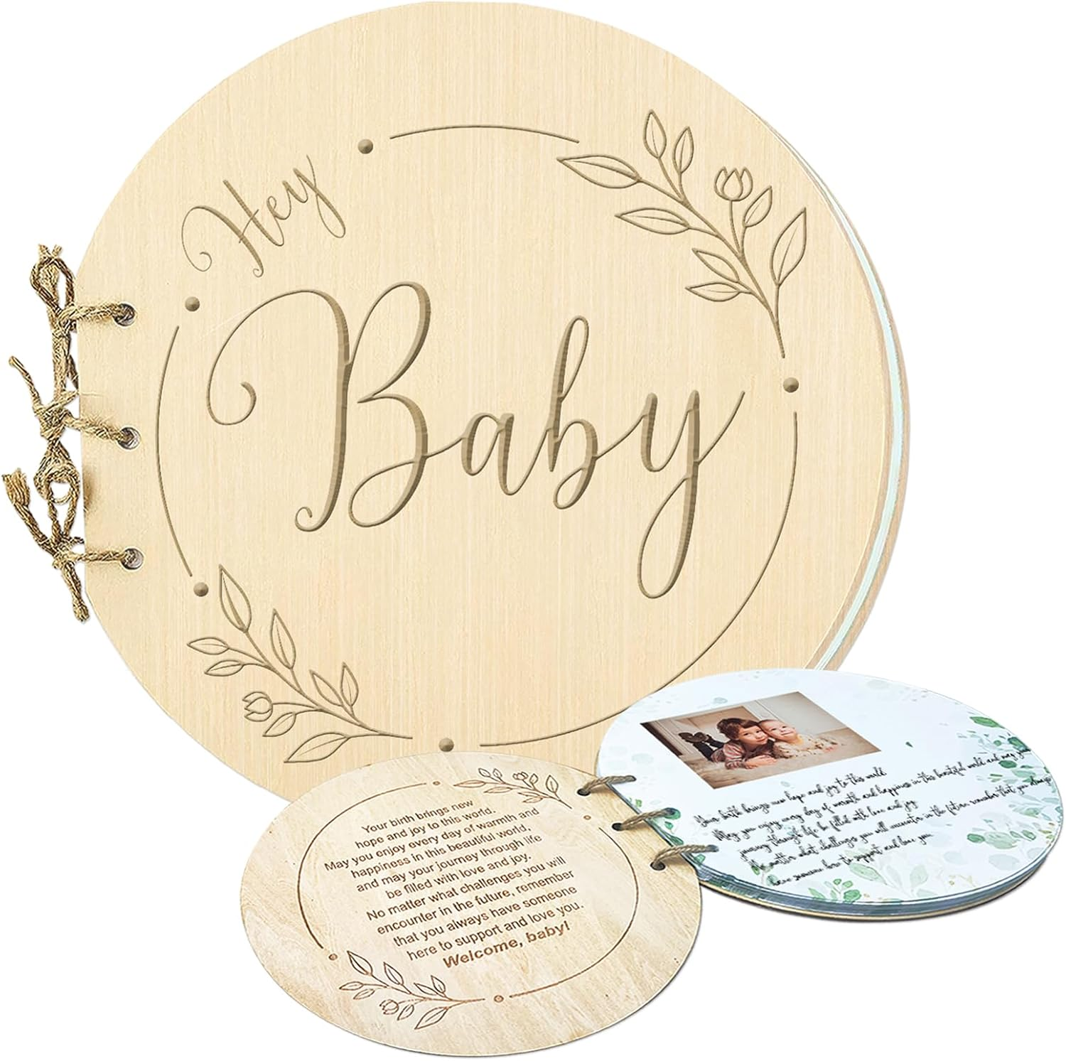 1DFAUL Baby Shower Guest Book Alternatives Girl Boy, 80 Pages Hey Baby Shower Sign in Guest Book with Watercolor Design, Wood Keepsake for New Parents