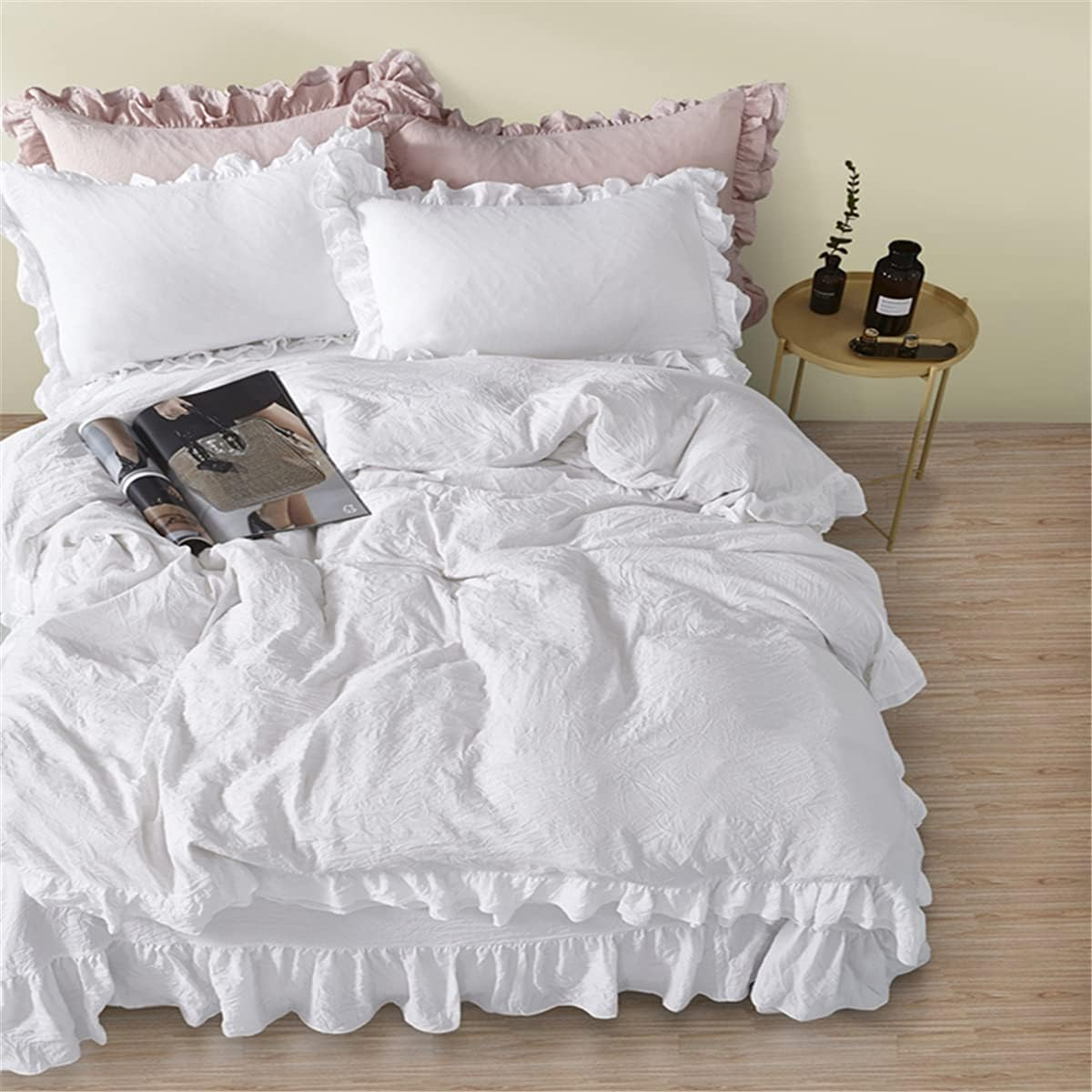 MOOWOO Ruffle Duvet Cover Set, Soft and Breathable Washed Microfiber 3Pcs Bedding Set, Shabby Chic Farmhouse Duvet Cover and Pillow Shams, Zipper Closure & Corner Ties, Easy Care -(White, Queen) image number 3