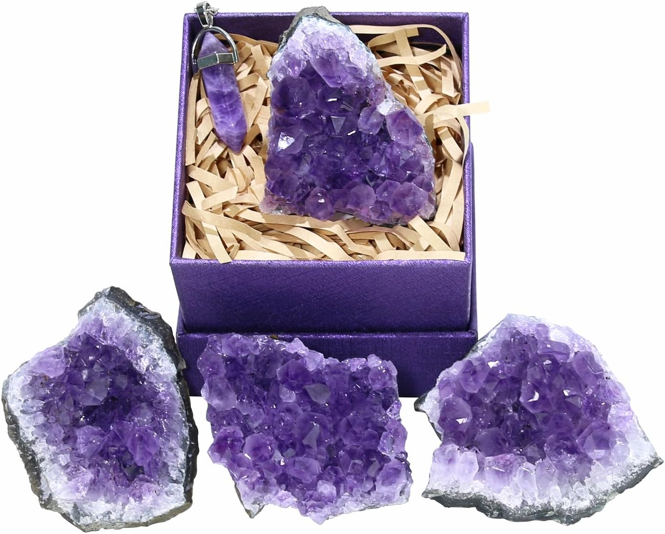 Amethyst Crystals with Amethyst Wand Necklace, Amethyst Clusters, Amythestyst Crystals, Purple Crystal, Amathesis Crystal, Raw Amethyst Stone, Natural Amethyst Geode, about 0.2 Lb