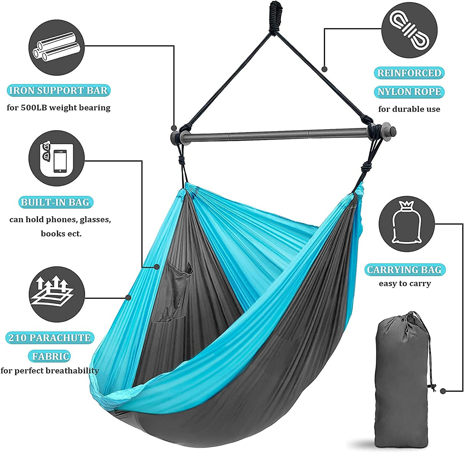 Hammock Chair, Portable Large Hanging Rope Swing - Lightweight Nylon Parachute -Max 500 Lbs - Detachable Metal Support Bar Hammock Chair Swing for Outdoor, Indoor, Backpacking, Camp, Beach image number 1