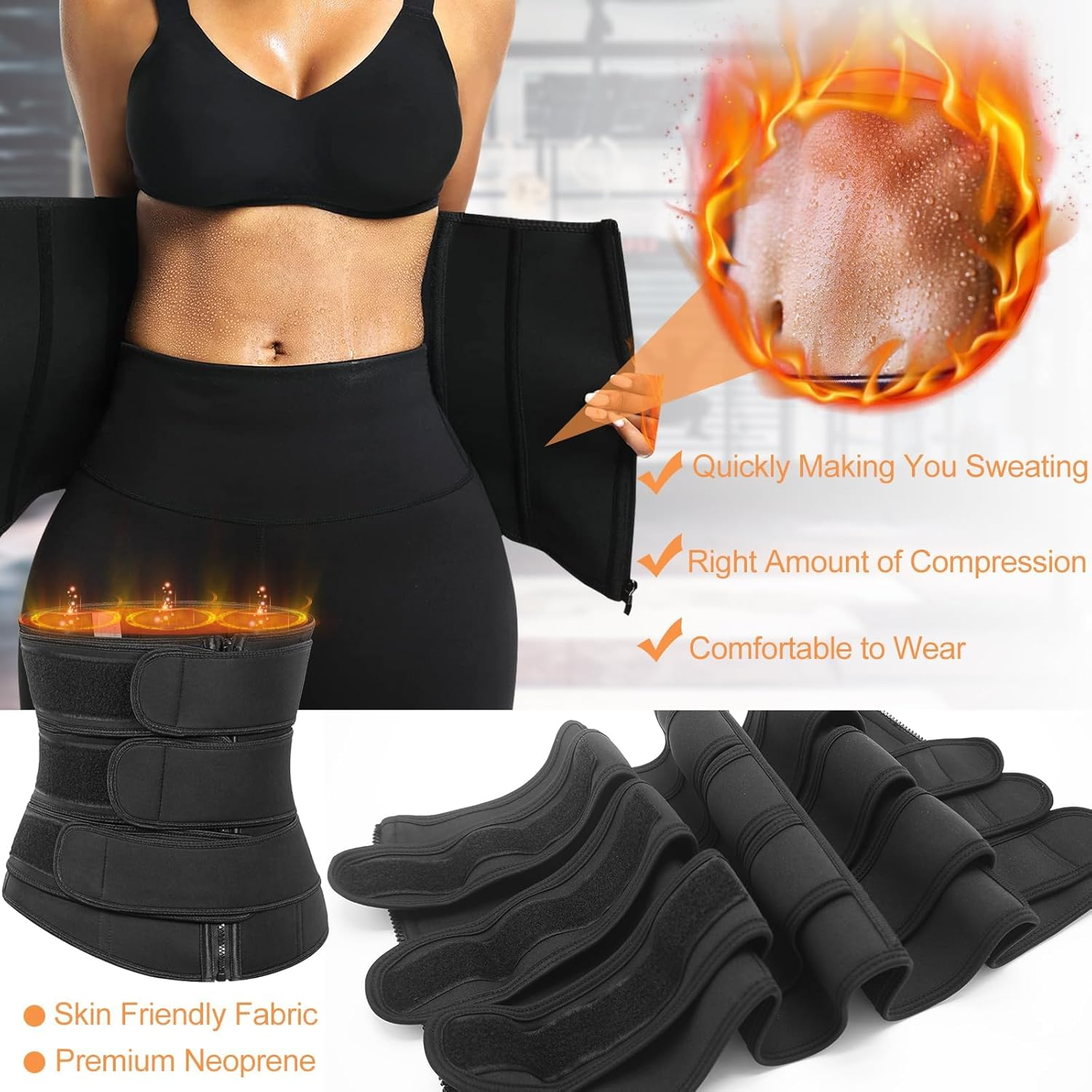 2024 Neoprene Waist Trainer Belts for Women 3 Straps Weight Loss Tummy Control Workout Corset Cincher Trimmer Belly Body Shaper Slim Girdle Belt (Black, XL) image number 2