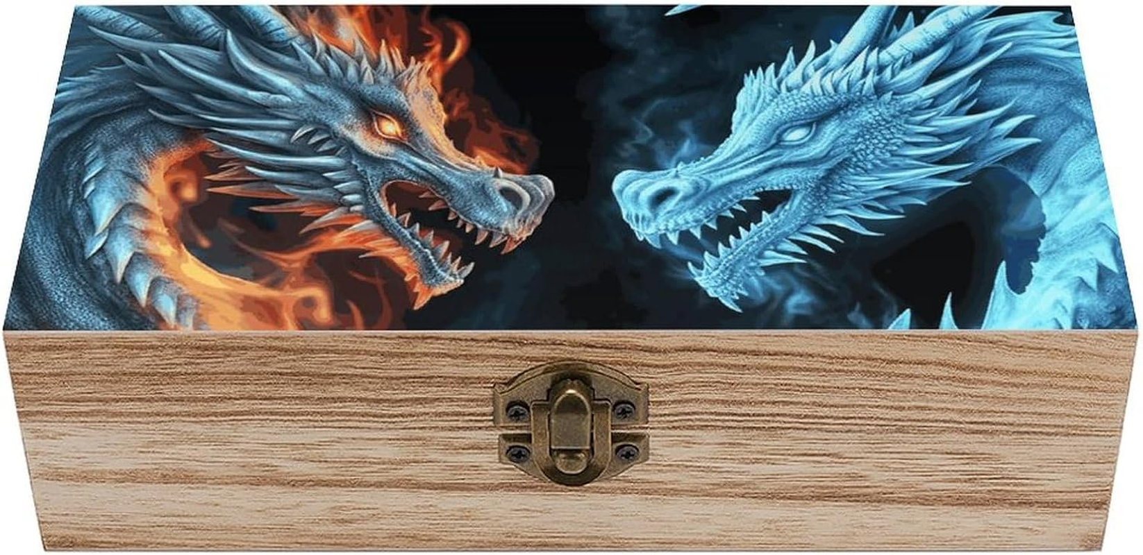 Ice and Fire Dragons Wooden Box Wood Wedding Keepsake Boxes with Lids Small Decorative Boxes Lightweight Wooden Memory Storage Box for Crafts Keepsakes Jewelry Photo Letter Storage