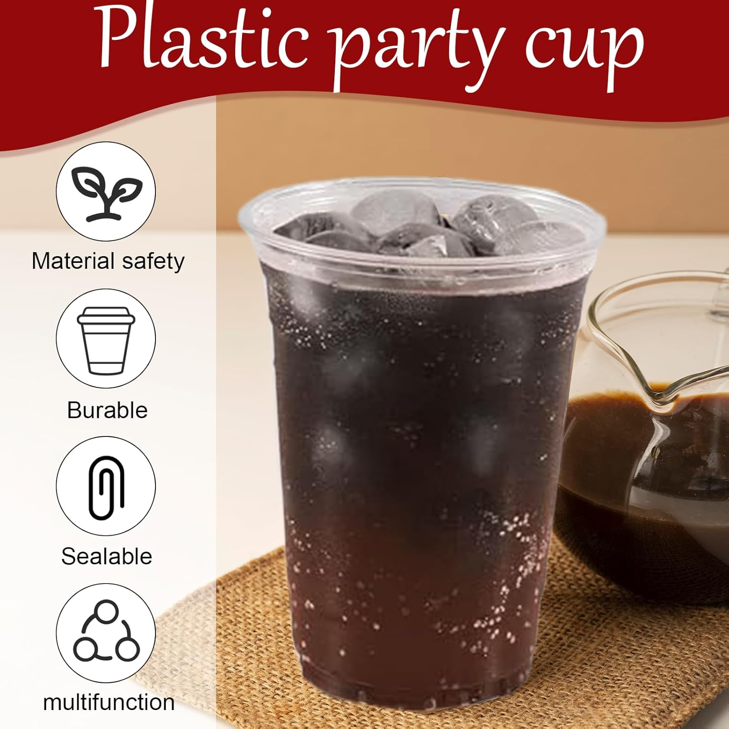 50 Pcs Reusable Plastic Cups,Clear Plastic Cups with Lid and Leak Proof Paper, PET Plastic Cups for Iced Coffee, Milkshake and Smoothie image number 4