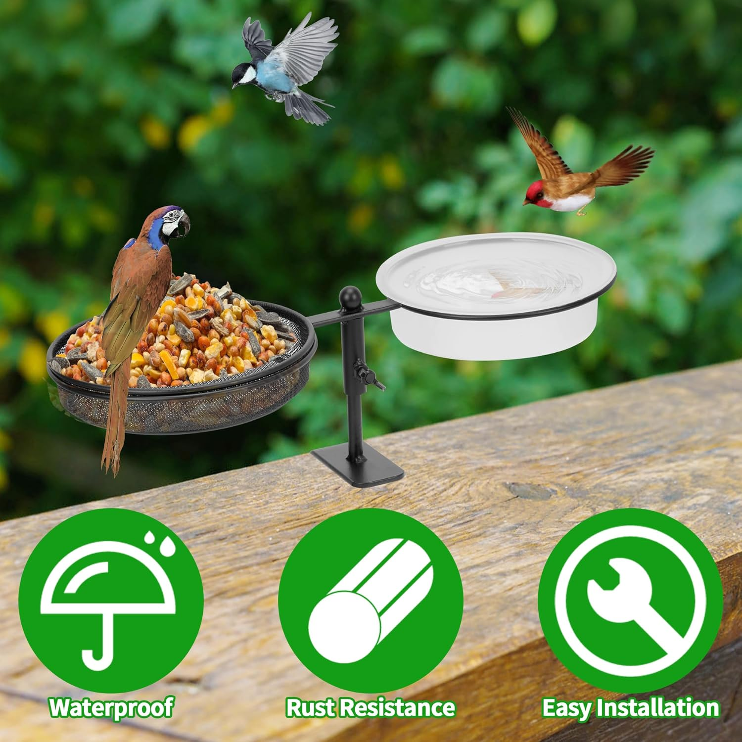 Deck Bird Feeder, 2 in 1 Deck Mount Bird Bath Feeder, Detachable Platform Bird Feeder with Metal Mesh Tray and Water Bowl for Outdoor Balcony Attracting Birds image number 5