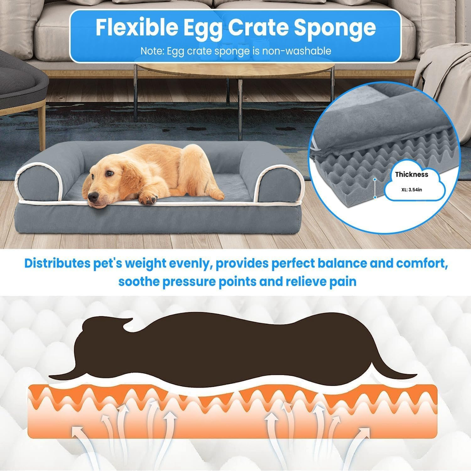 Dog Bed for Large Dogs, Orthopedic Washable Dog Bed with Removable Cover, Bolster Dog Sofa Pet Bed with Egg Foam & Nonskid Bottom, Medium Dog Sofa Beds (100 * 60CM) image number 6
