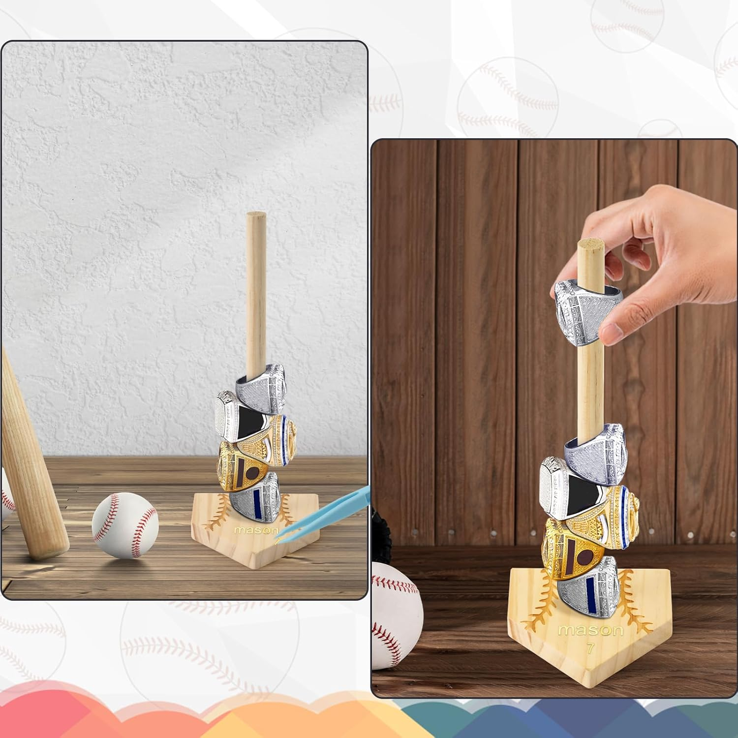 Baseball Wooden Ring Holder, Custom-Built Name & Number Decorative Softball Ring Stand Sturdy Championship Ring Display Holder Storage Organizer Birthday Gift for Kids Teens Adults image number 4