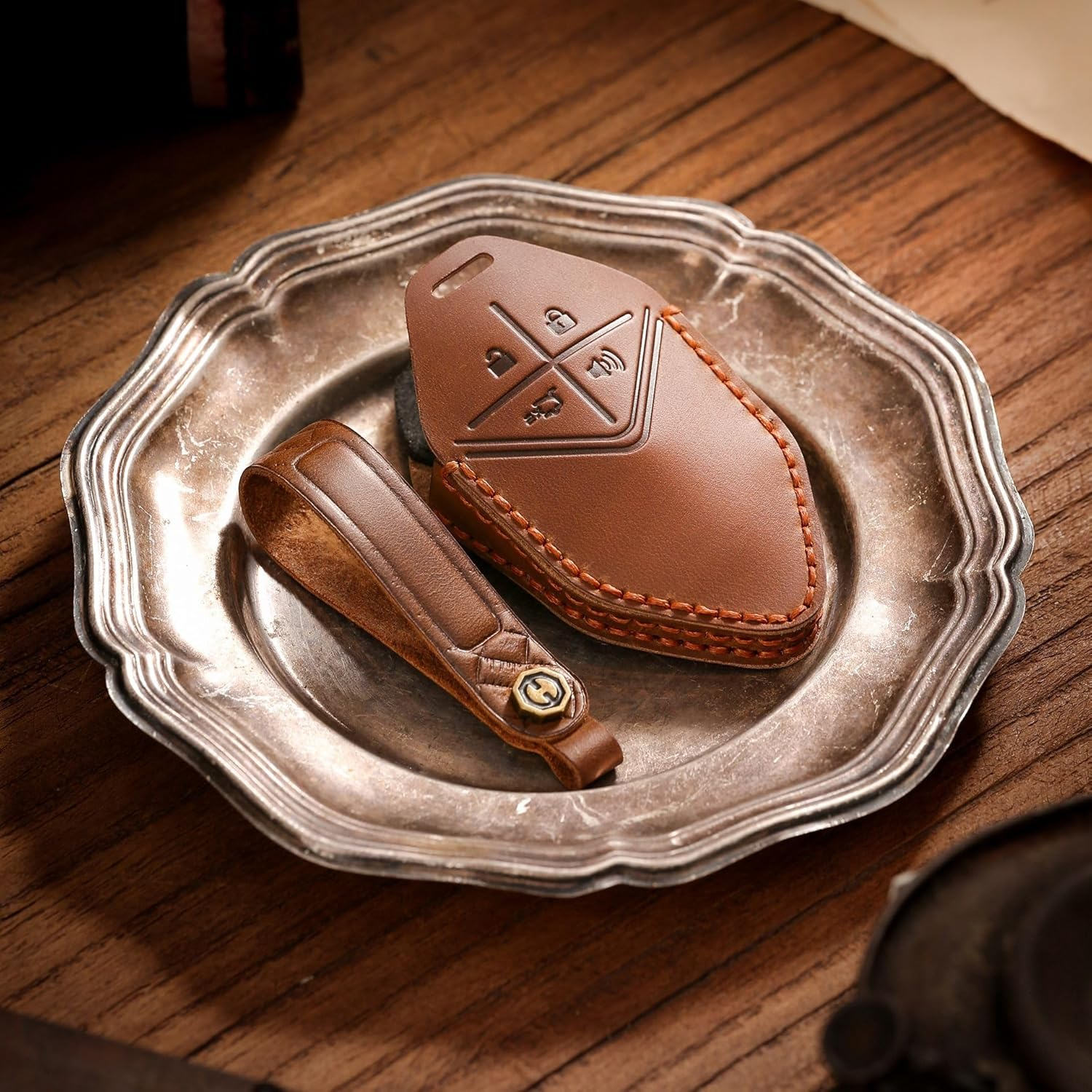 Ontto Cowhide Car Key Cover Fit for Changan Deepal S7 SL03 S07 G318 Unit UNIK CS35 plus CS55 plus CS75 Key Holder Leather Case Keyring Keychain Smart Shell Protector Accessories 4 Buttons Blue - Black image number 7