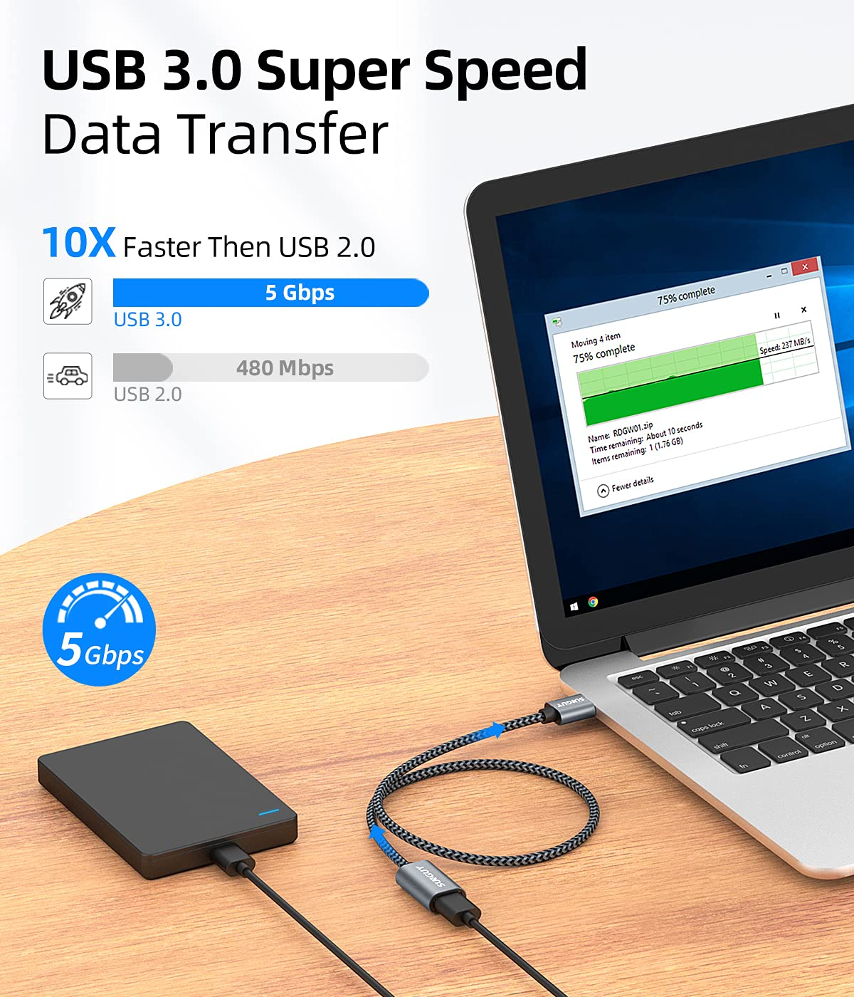 SUNGUY USB Extension Cable, 0.5M USB 3.0 Extension Cable 5Gbps Super Fast, Short USB a Male to a Female Extension for Card Reader, Keyboard, Printer, Scanner, Camera Etc. - Gray image number 5