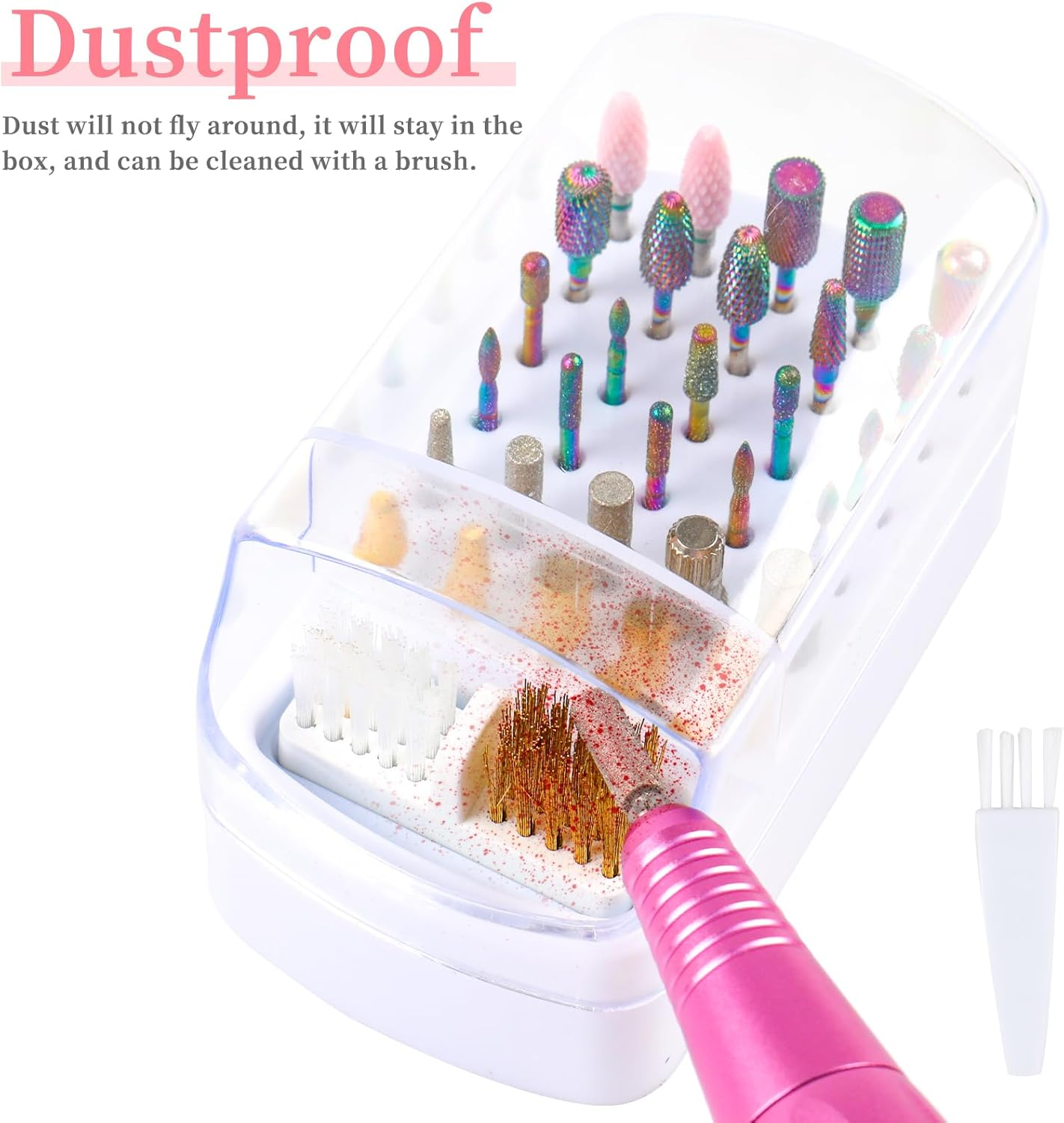 2 in 1 Nail Drill Bits Holder & Nail Drill Bits Cleaning Brush Case,30 Holes Dustproof Nail Art Drill Bits Stand Display Storage Box and Nail Drill Bits Cleaner Manicure Tools (White) - White image number 2