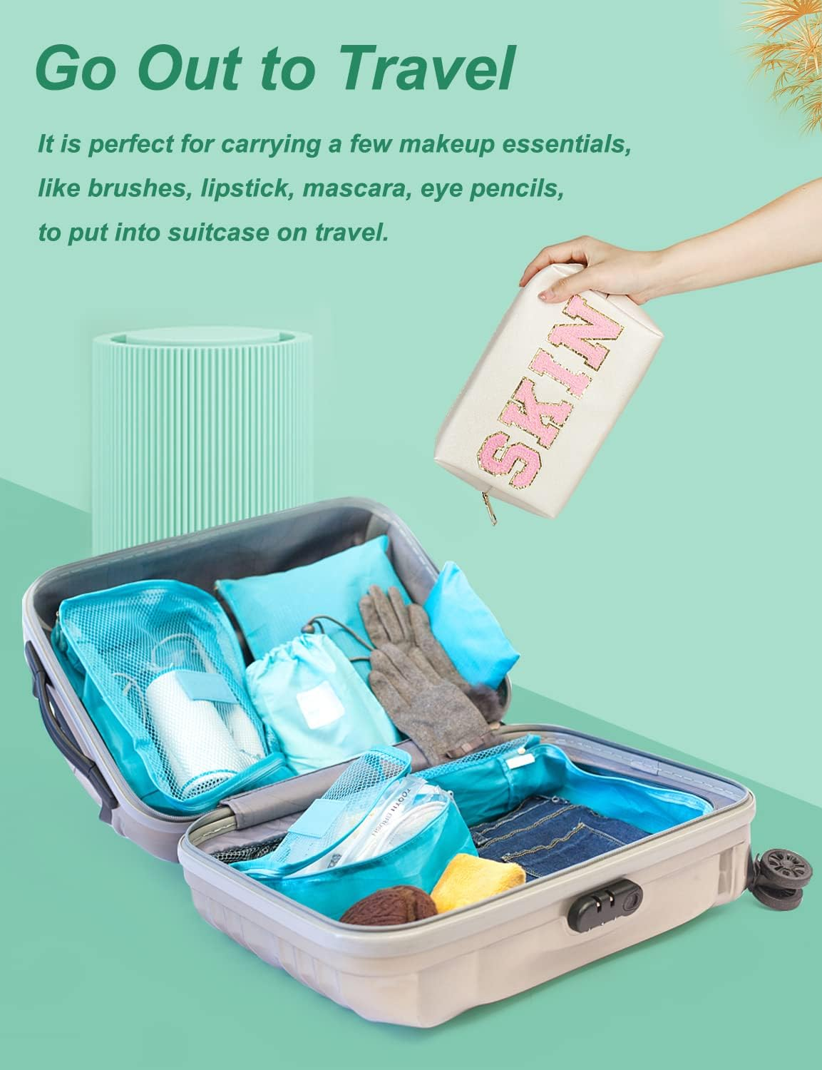 Makeup Bag, Synthetic Leather Patch Cosmetic Bag with Skin Chenille Letter for Travel, Girlfriend or Wife, Present for Girls, Daughter, Sister and Mother