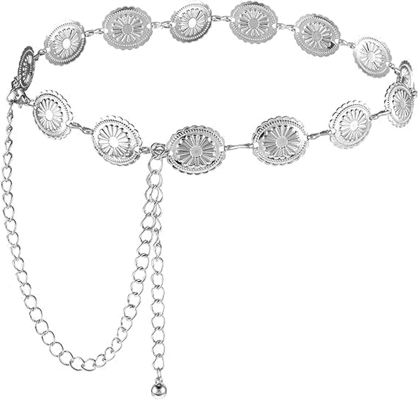 KEEPALOVE Western Metal Concho Belt, Gold Daisy Chain Belt, Adjustable Boho Waist Chain Country Concert Outfit for Dress Waist Chain, Metal Cowgirl Waists Chain Vintage