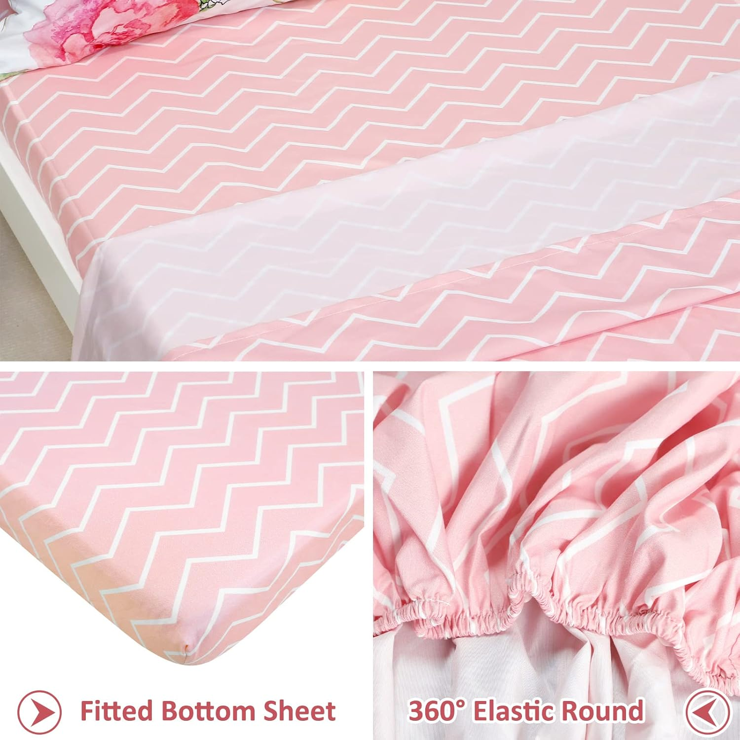 Toddler Bedding Sets for Girls, 4 Piece Soft Crib Bedding Set, Flower Toddler Girl Bed Comforter Set, Includes Watercolor Floral Series Comforter, Fitted Sheet, Flat Sheet and Pillowcase image number 3