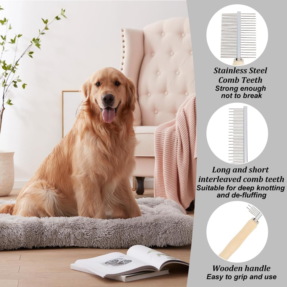 6Pcs Pet Stainless Steel Tooth Metal Combs Mixed Size Grooming Combs Set Double Sided Shedding Brush Professional Pet Dematting Combs with Wooden Handle for Dog Cat Hair Removing (Silvery, One Size) image number 4