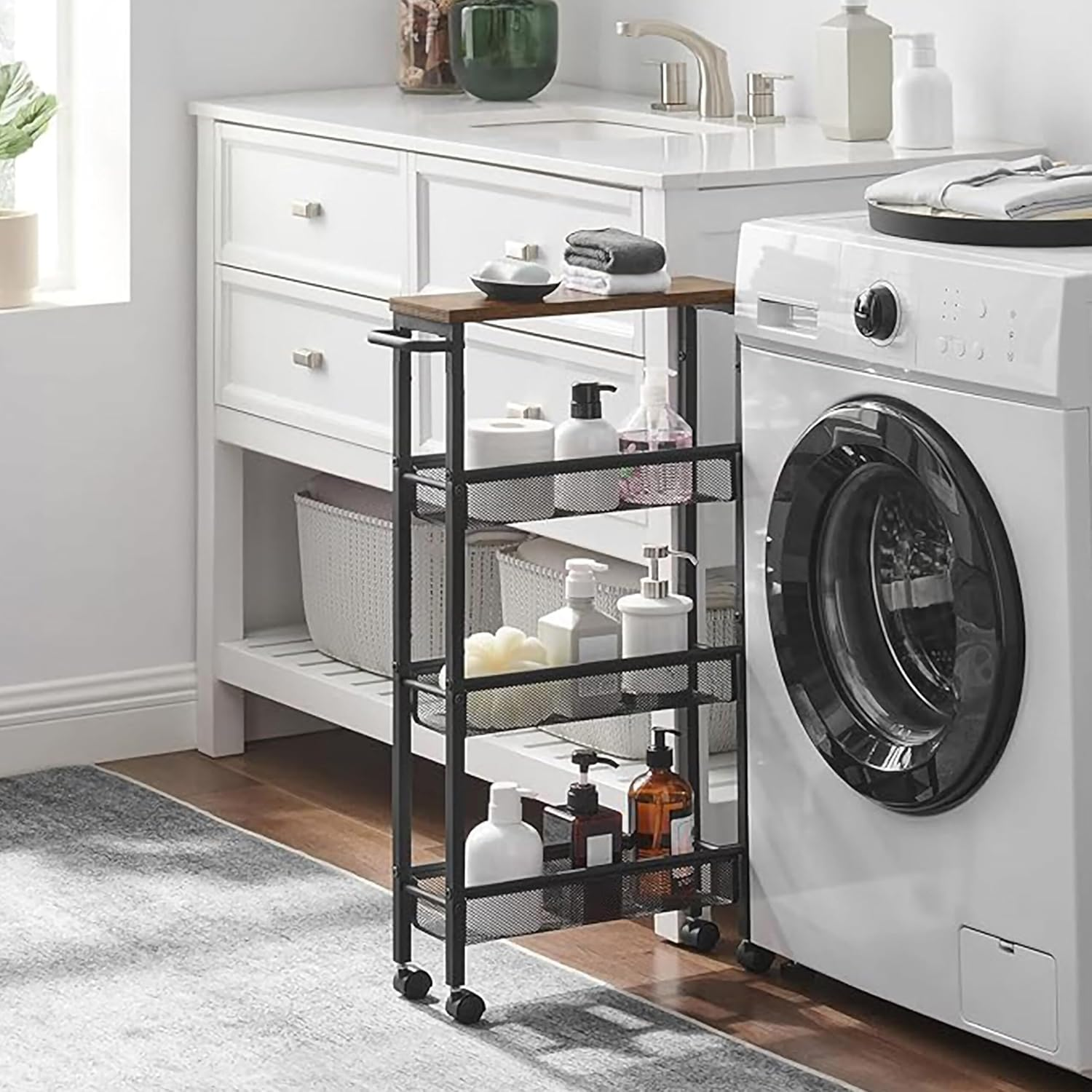 Relaxdays Niche Trolley, H X W X D: 77 X 13 X 45 Cm, Narrow Recess Shelf Bathroom & Kitchen, 4 Levels, Metal Rolling Shelf, Brown/Black