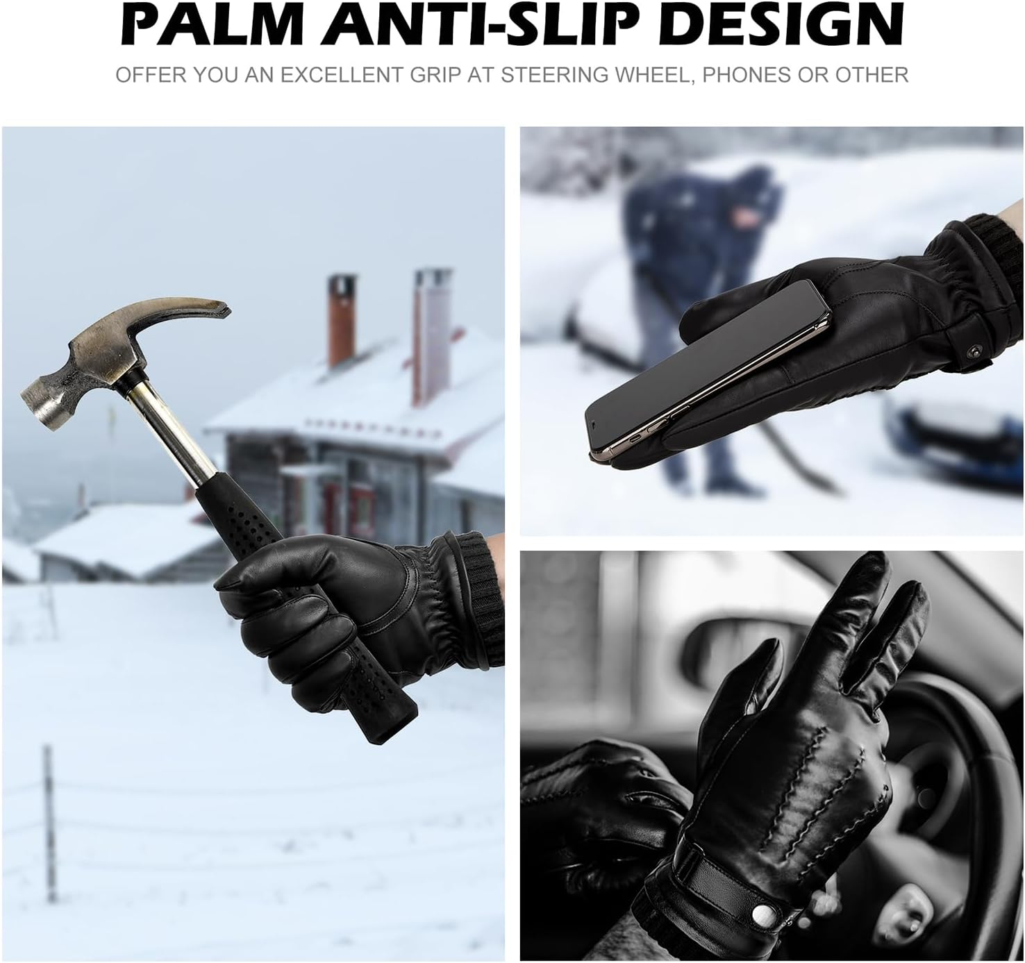 BISON DENIM Men'S Leather Gloves Warm Cashmere Lining Windproof Gloves Touchscreen Function image number 4