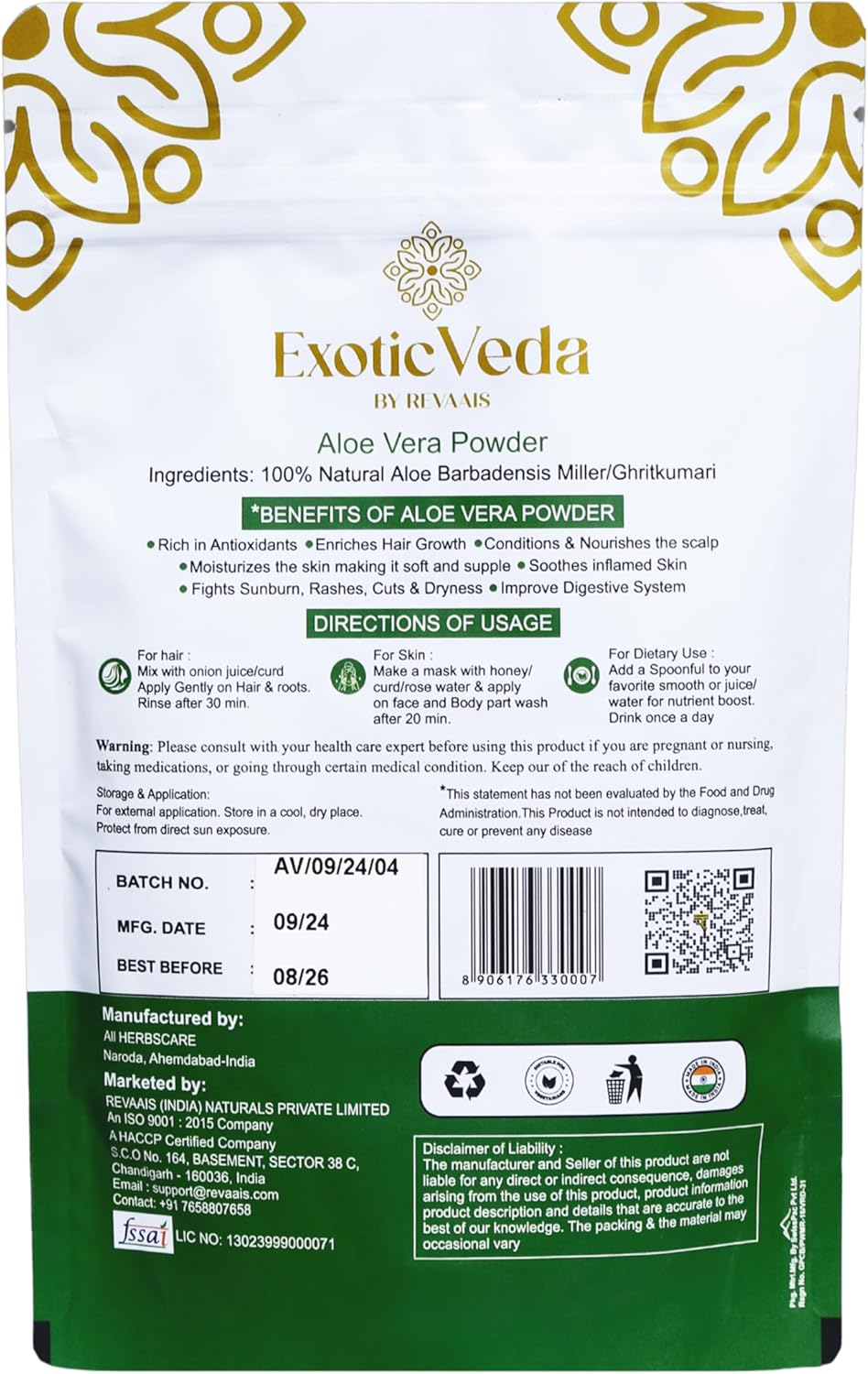 Exotic Veda Pure Aloe Vera Powder - Helps Nourish Scalp, Boost Hair Growth, Aids in Skin Dryness, Cuts, Sunburns, Natural Herbal Supplement for Skin & Hair Care (100G) image number 4
