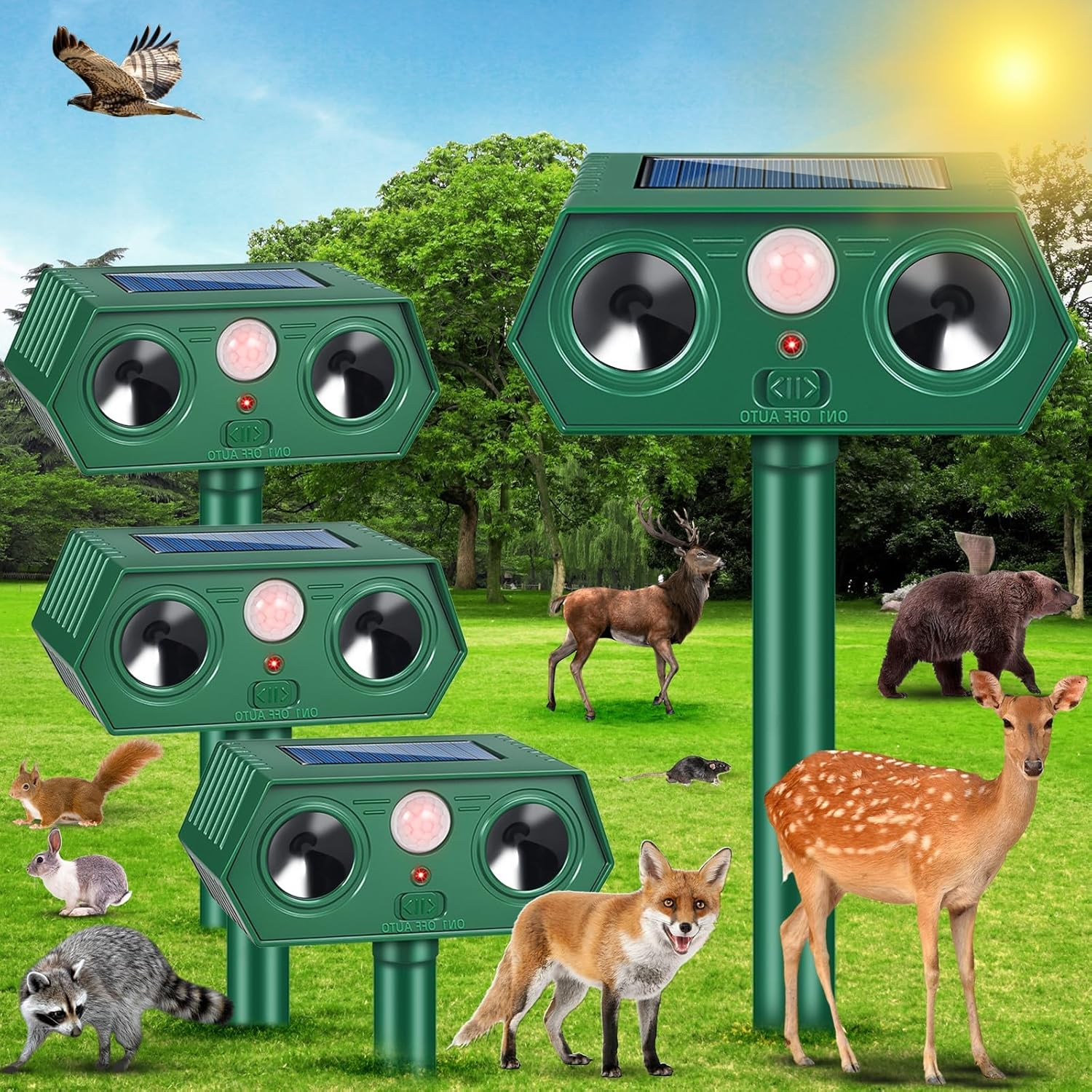 ​Cyperever Solar Powered Ultrasonic Animal Repeller Outdoor, Cat Repellent Possum Deterrent Bird Deterrent Snake Repellent, Motion Sensor & Dual Speakers for Dogs Foxes Rodents​​ 4 Pack