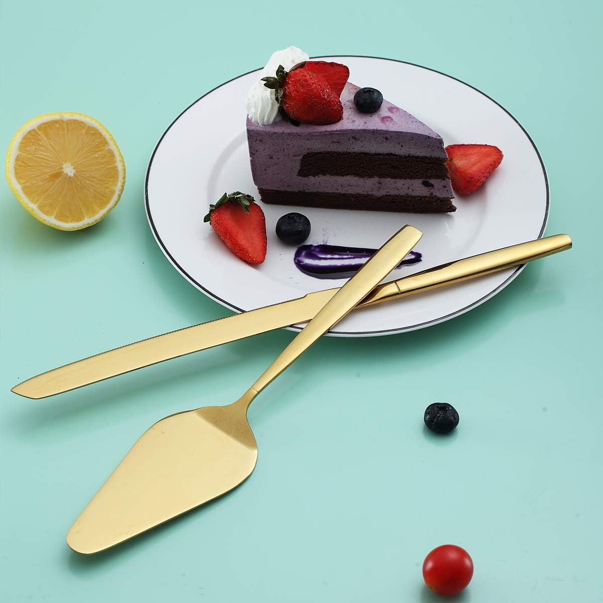 Berglander Gold Cake Pie Pastry Servers,Stainless Steel Serving Set,Cake Knife and Server Set Perfect for Wedding, Birthday, Parties and Events