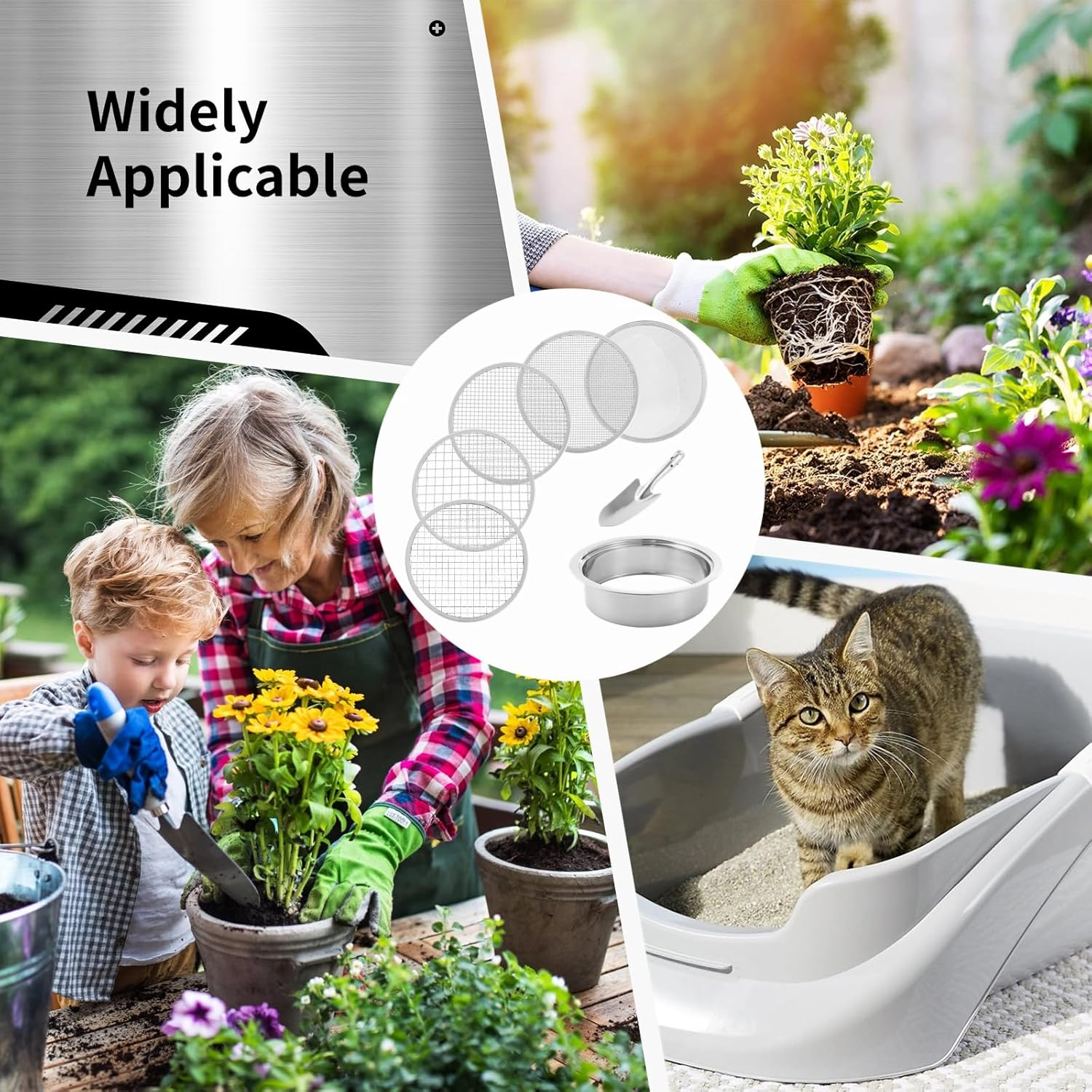 Soil Sifter Stainless Steel Riddle Sieve Set for Gardening with 5 Sizes 8" Diameter 1/3/6/9/12Mm Interchangeable Meshes - Garden Potting Sieves with Shovel - Planting Soil Sifters Strains image number 4