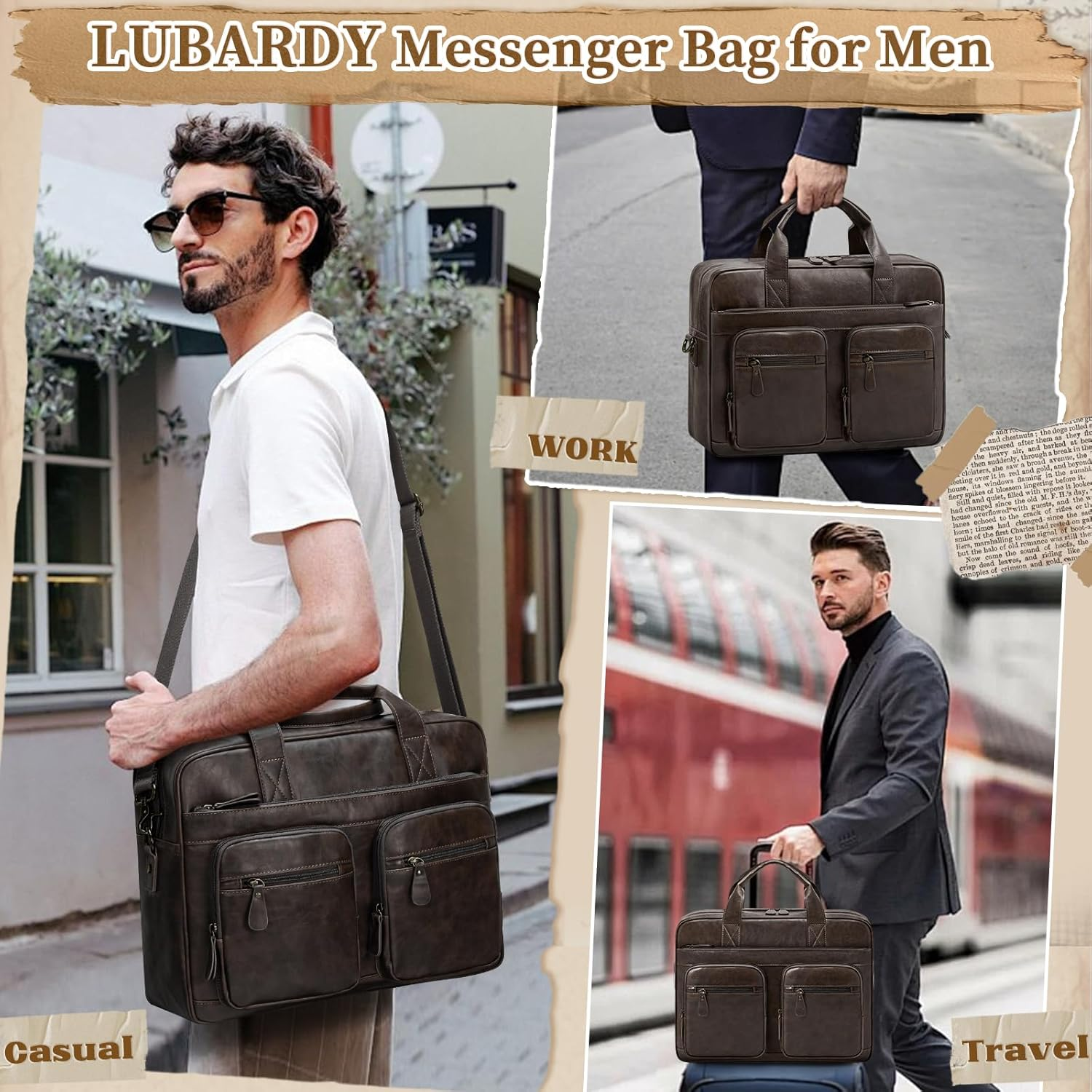 Lubardy Messenger Bag Men Vintage PU Leather Laptop Bag 15.6 Inch Briefcases for Men Work Computer Bag Waterproof Briefcase - Brown image number 3