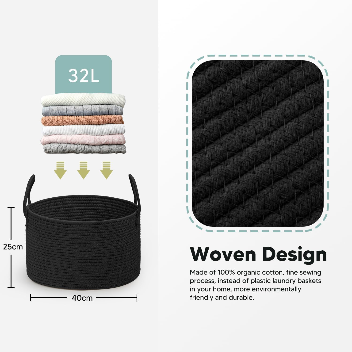 Woven Cotton Rope Laundry Basket 40 X 25Cm Woven Clothes Storage Basket 32L Decorative Cotton Rope Blanket Basket Collapsible Laundry Hamper with Handle, for Laundry Room(Black) image number 5