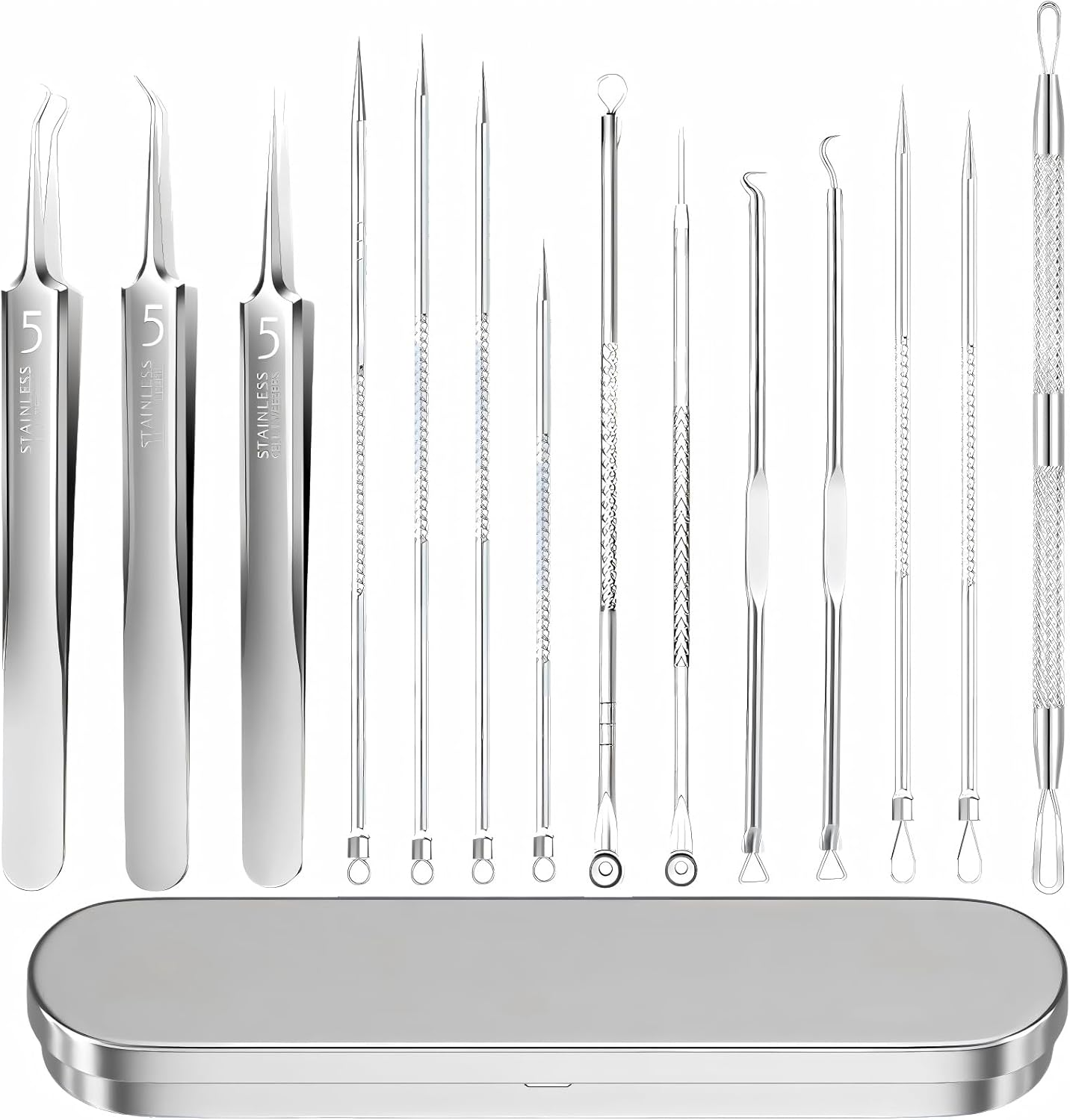14 PCS Blackhead Remover Comedone Extractor Acne Removals Kits, Pimple Popping Kit, Professional Stainless Steel Pimple Popper Tool Kit, Blackhead Remover Tool on Face with Metal Case image number 1