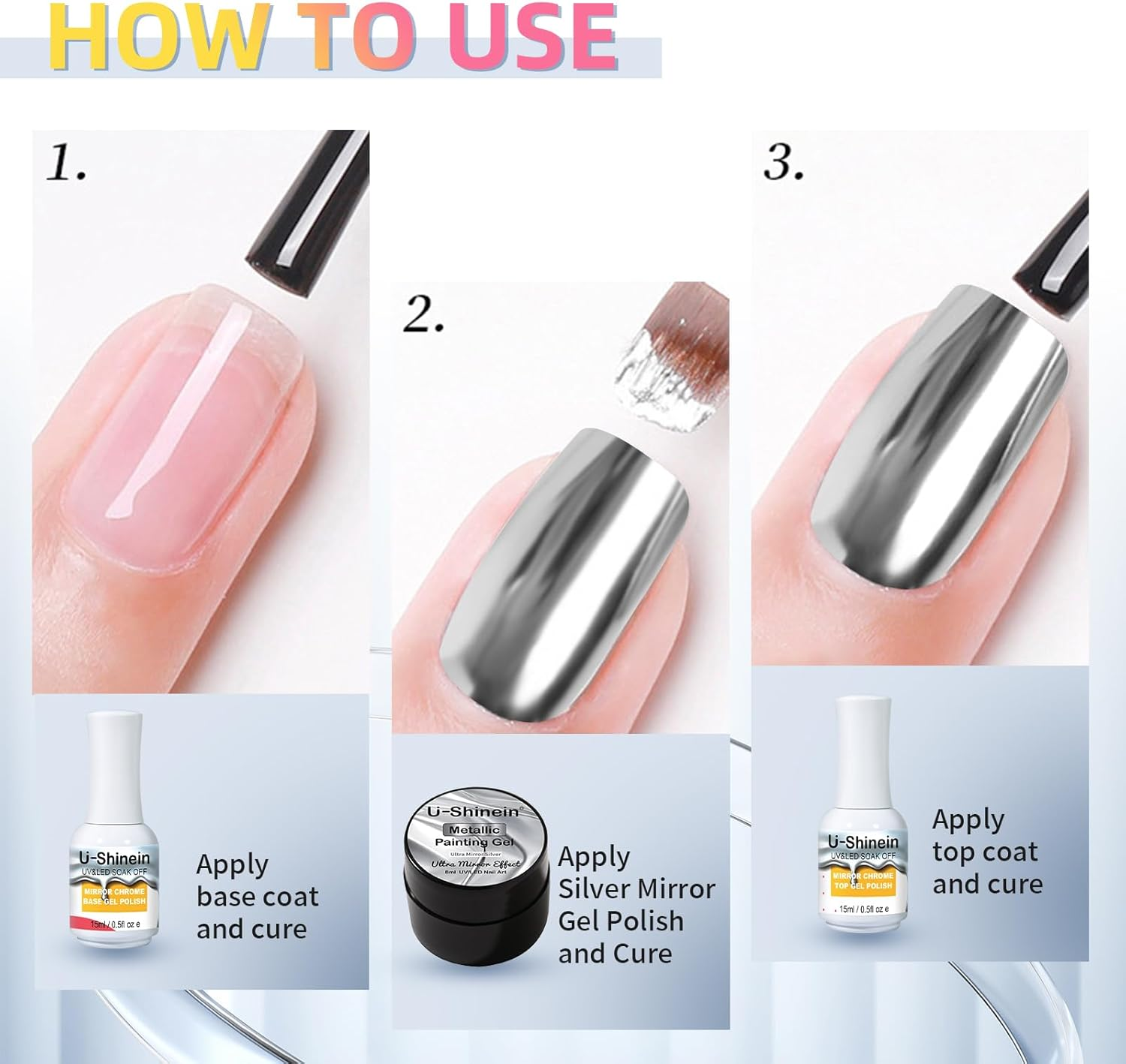 U-Shinein 8Ml Metallic Painting Gel, Silver Painted Nail Polish, 3D Metal Painting Drawing Mirror Nail Gel Polish Glossy (Ultra Mirror Silver) image number 3