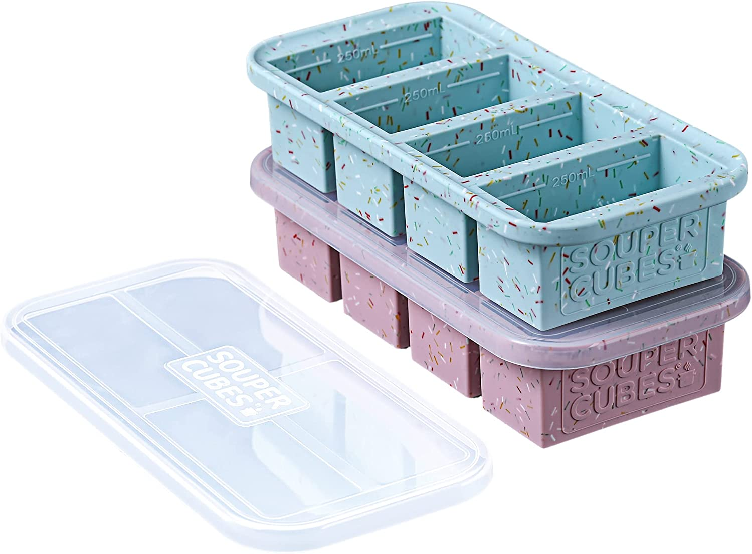 Souper Cubes 1 Cup Silicone Freezer Tray with Lid - Easy Meal Prep Container and Kitchen Storage Solution - Silicone Molds for Soup and Food Storage - Sprinkles - 2-Pack - Sprinkles image number 2