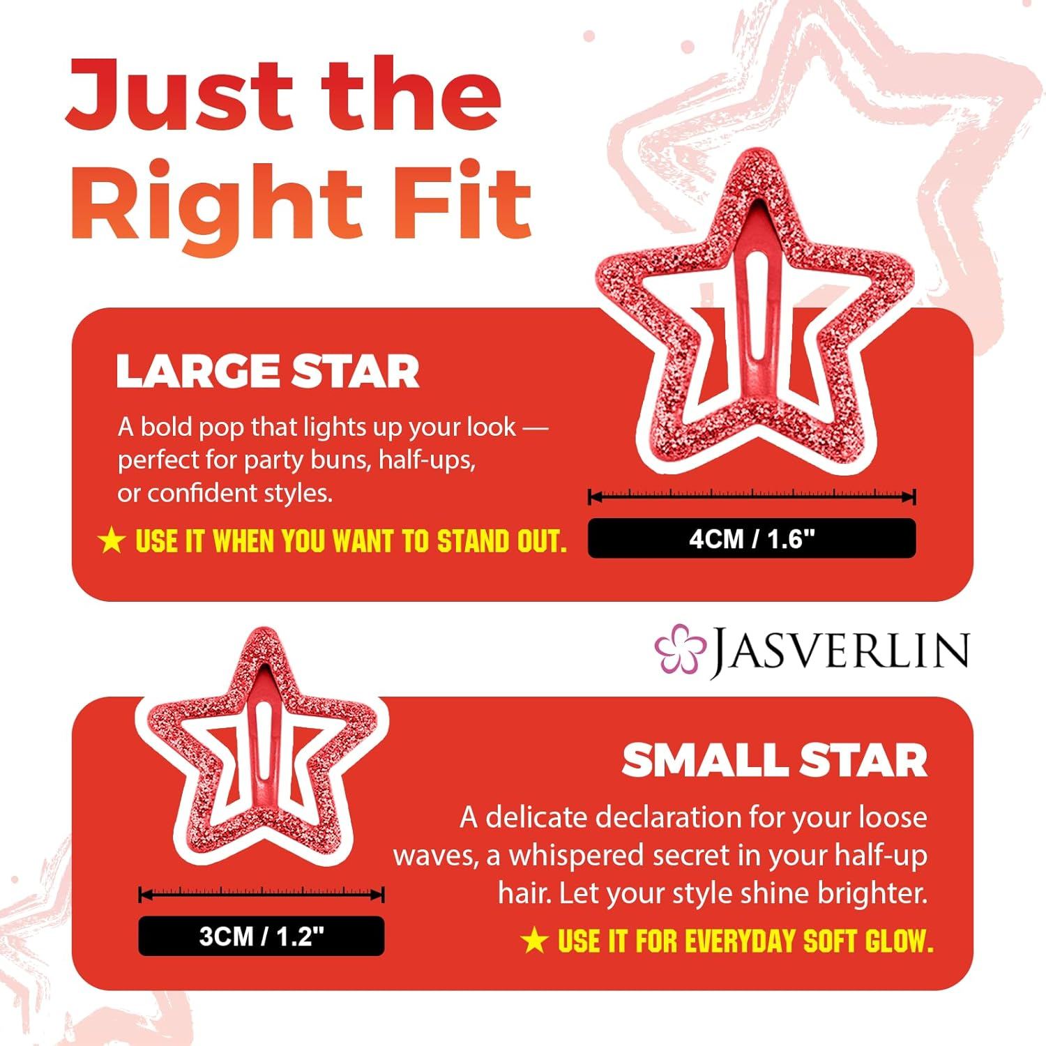 JASVERLIN 36 Pcs Red Star Hair Clips Accessories for Women Girls, Y2K Kawaii Thin Thick Cute Colorful Metal Snap Barrettes for Rave Glitter Hairclips Mixed Sizes image number 4