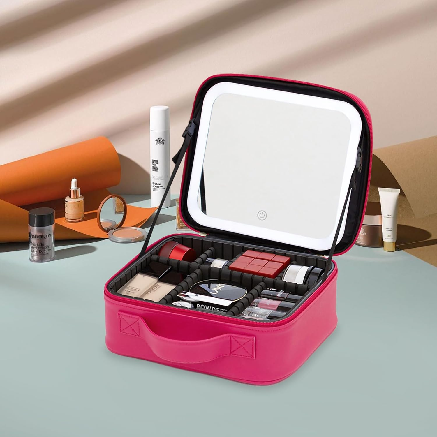 Travel Cosmetic Case with LED with Mirror 3 Color Adjustable, Waterproof Cosmetic Case Dresser Rechargeable, Travel Cosmetic Bag for Business Trip，Cosmetics Organizer. (Rose). image number 1