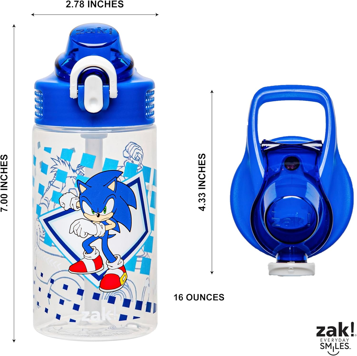 Zak Designs Sage Sonic the Hedgehog Water Bottle for School or Travel, 16Oz Durable Plastic Water Bottle with Straw, Handle, and Leak-Proof, Pop-Up Spout Cover (Sonic, Eggman) image number 1