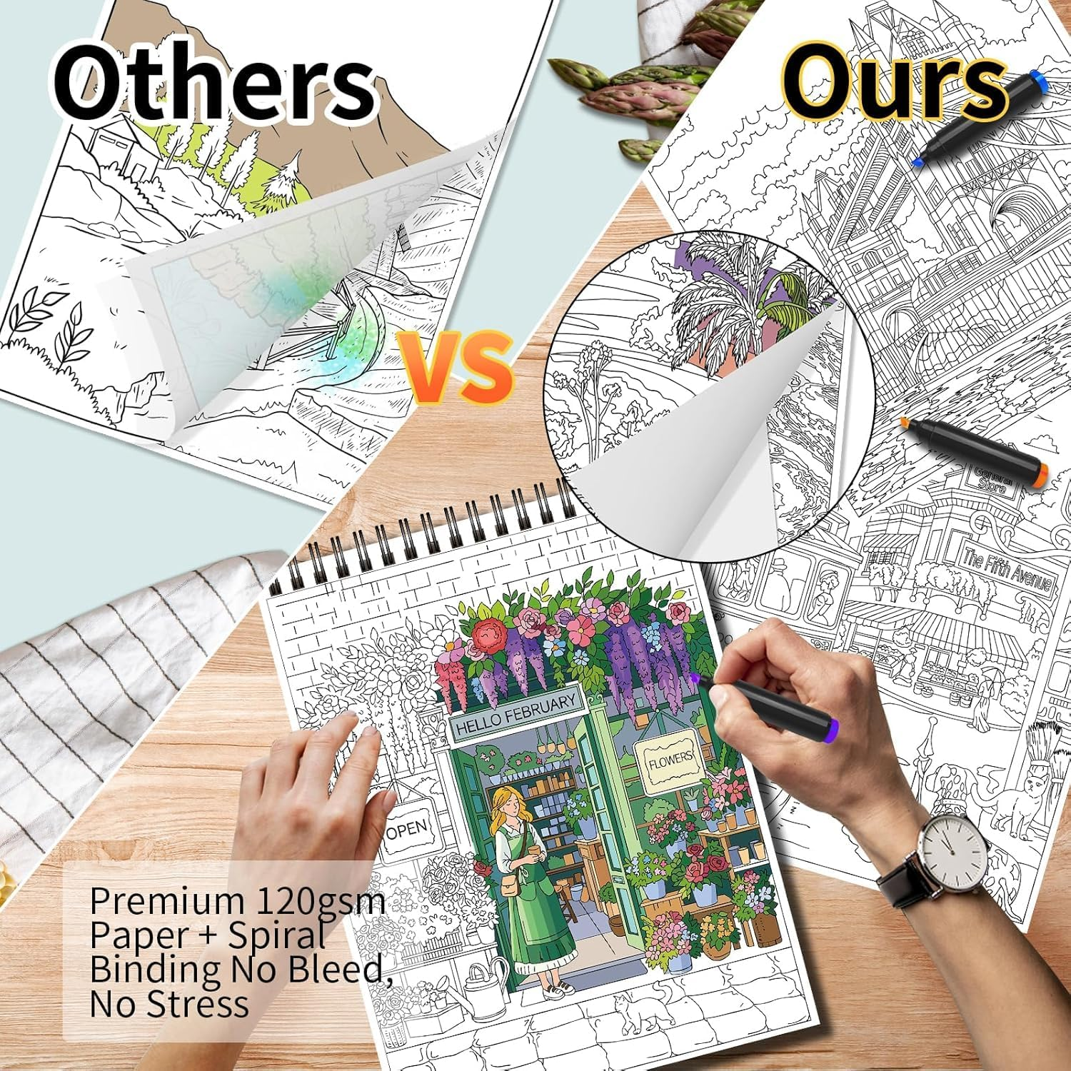 OSIMIG Adult Colouring Books Set, 3 Themes for Country Gardens, Country Scenes Farm & City Sights, Colouring Books for Adults to Relax and Relieve Anxiety, 60 Patterns Top Spiral Bound image number 1