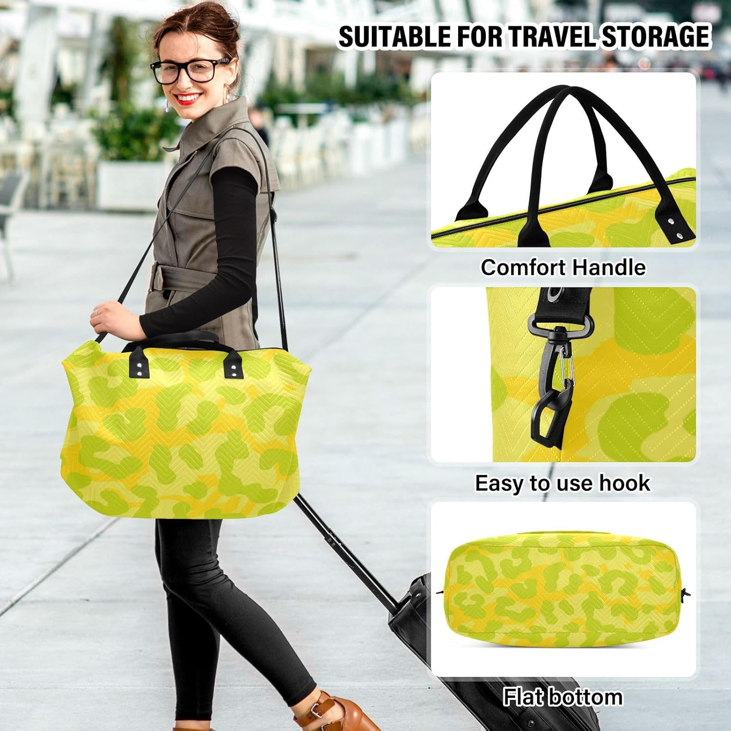 Yellow Leopard Neon Style Large Travel Duffel Luggage Travel Weekender Gear Bag Gym Tote Bag with Toiletry Bag for Workout 2 Pcs Set, Yellow Leopard Neon Style, 1 Size image number 4