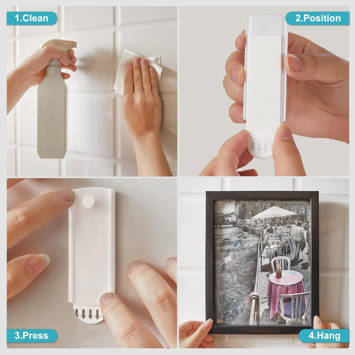 Walquicks 8 Picture Hangers, 12 Removable Adhesive Strips, Universal Frame Hanger, Damage Free Picture Hanging Hooks Heavy Duty, No Nails Picture Hooks, for Bathroom Kitchen Home Door Closet, White