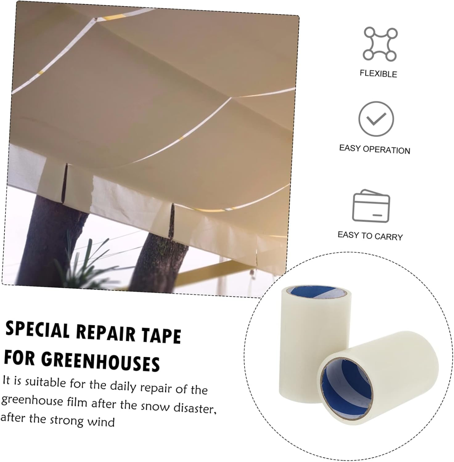 Hohopeti 2Rolls Polyethylene Greenhouse Repair Tape -Resistant Adhesive for Sealing and Patching Greenhouses Tents and Outdoor Equipment image number 4