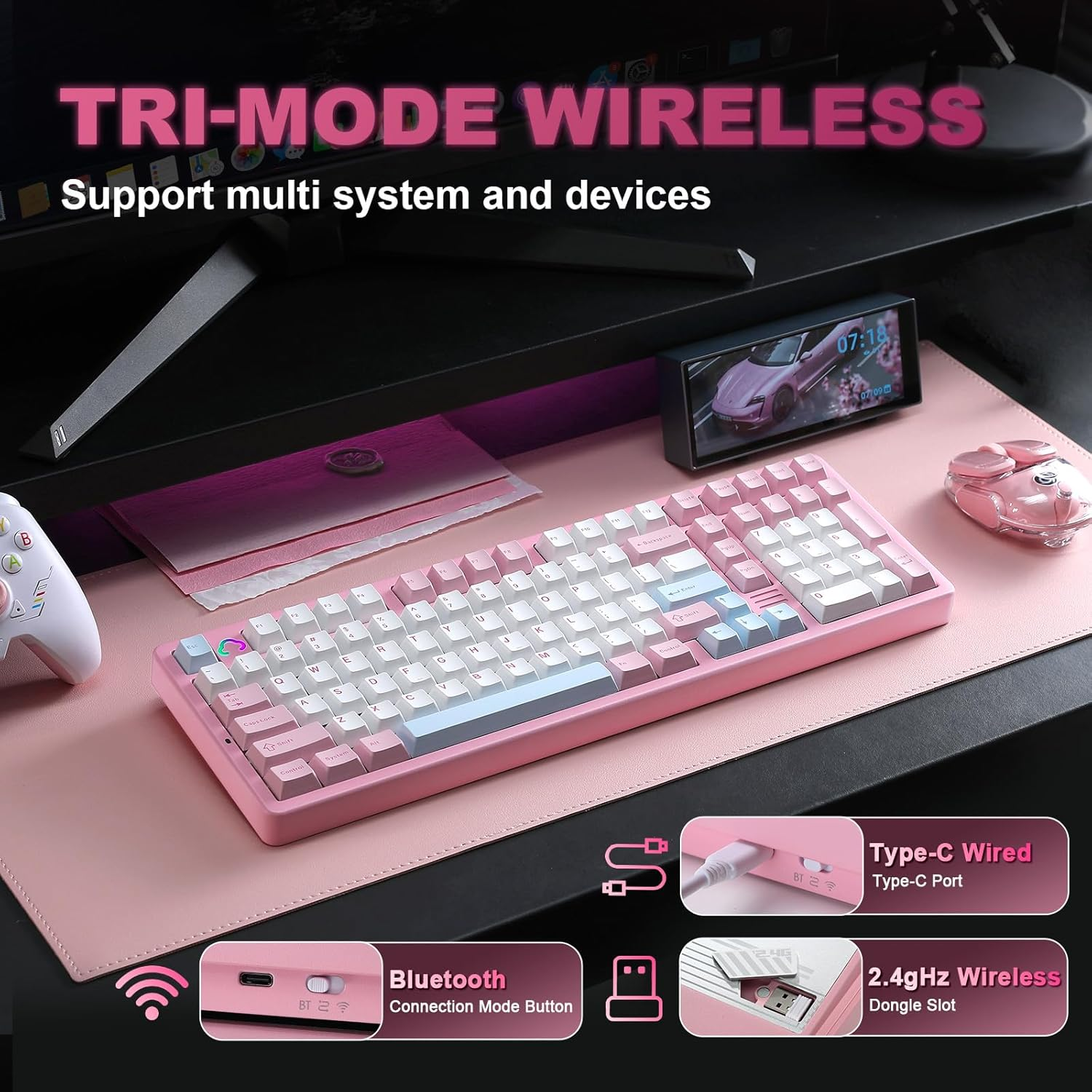 YUNZII AL98 QMK/VIA Wireless Mechanical Gaming Keyboard, Full Aluminum, BT/2.4G/USB-C, Pre-Lubed Hot Swappable Gasket Mount 1800 Layout, RGB Backlit for Win/Mac (Pink, Cocoa Cream V2 Switch) image number 4
