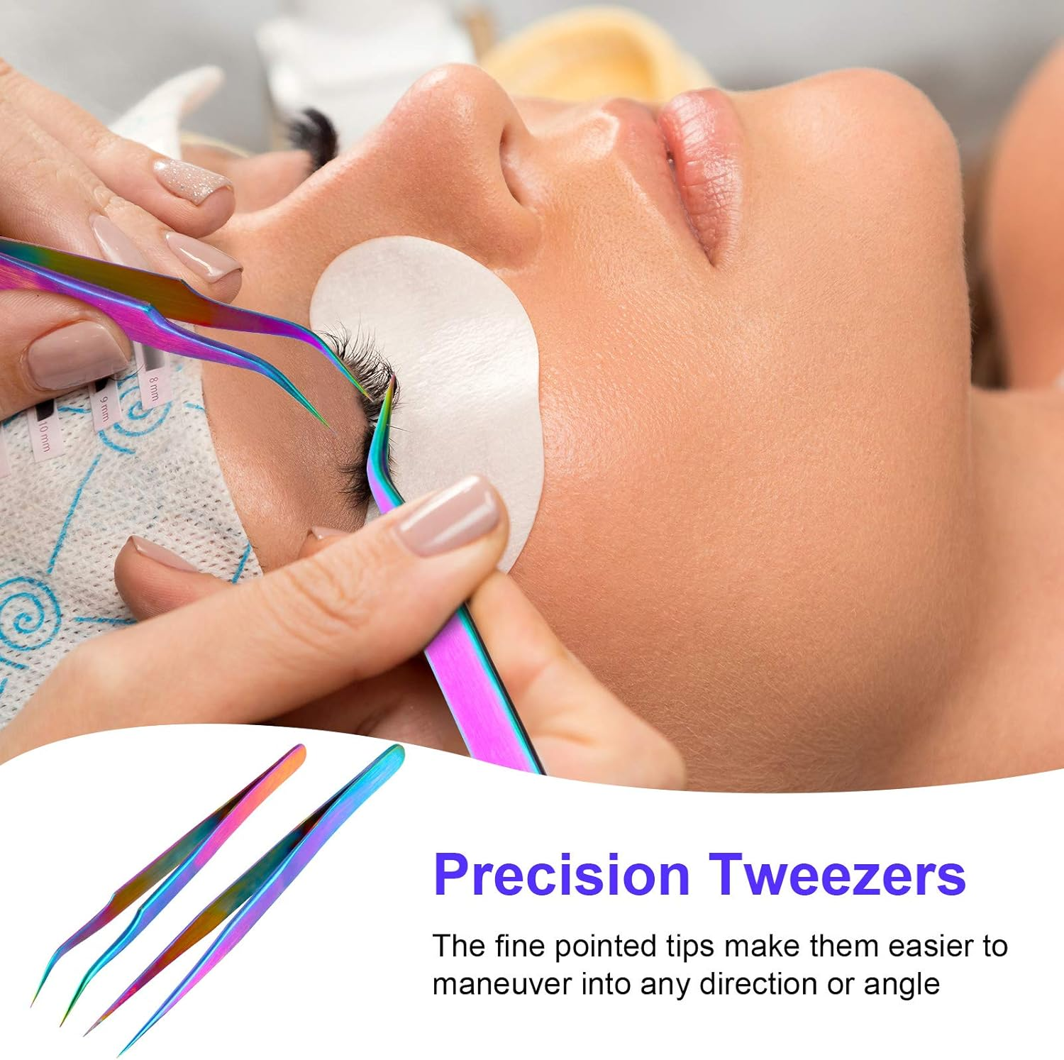 2 Pieces Straight and Curved Tip Tweezers Eyelash Extension Tweezers, Stainless Steel False Lash Application Tools (Iridescence) - Iridescence image number 6