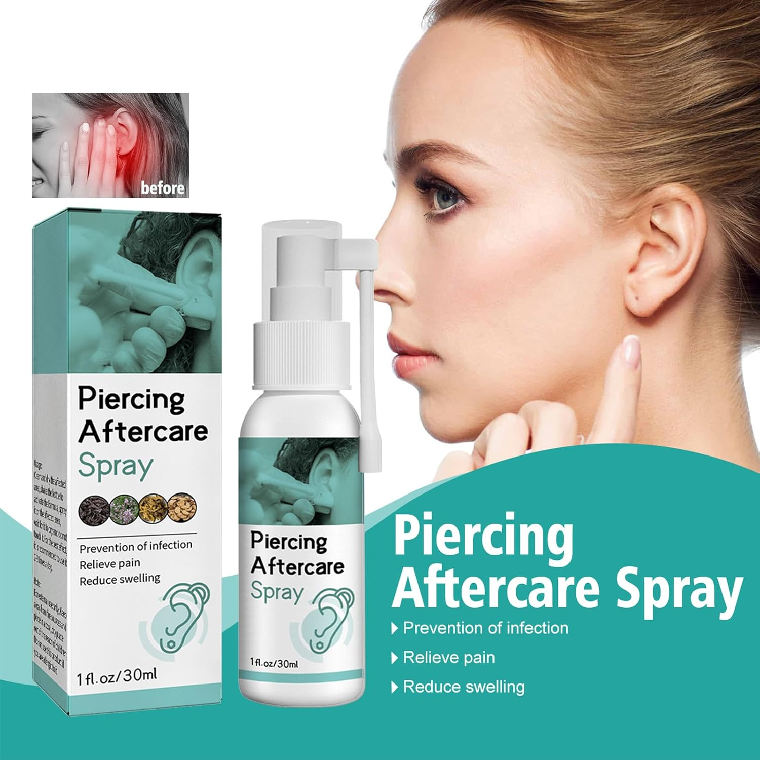 Piercing Aftercare Spray, Earring Cleaning Solution, Gentle Ear Hole Cleaner for Ear Piercing Solution, Cleansing Care, Soothing Mist, Shrink Bumps for Ears, Nose, Tongue, Navel Piercings, 30Ml image number 6
