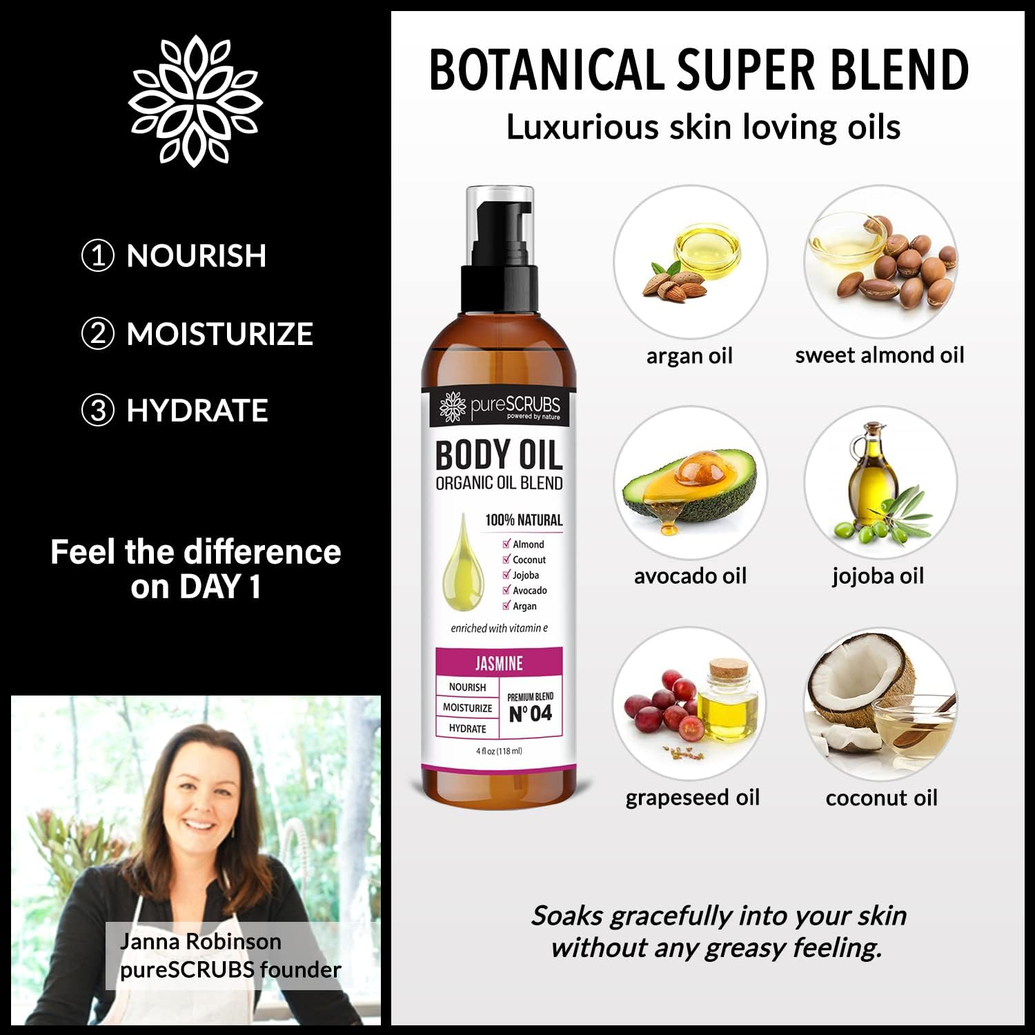 Purescrubs Ultra Moisturizing Jasmine Body Oil Spray for Dry Skin, Massage, Cuticles & More - Organic Super Blend of Jojoba, Argan, Coconut, Sweet Almond & Avocado Enriched with Vitamin E, Lg 4Oz image number 6